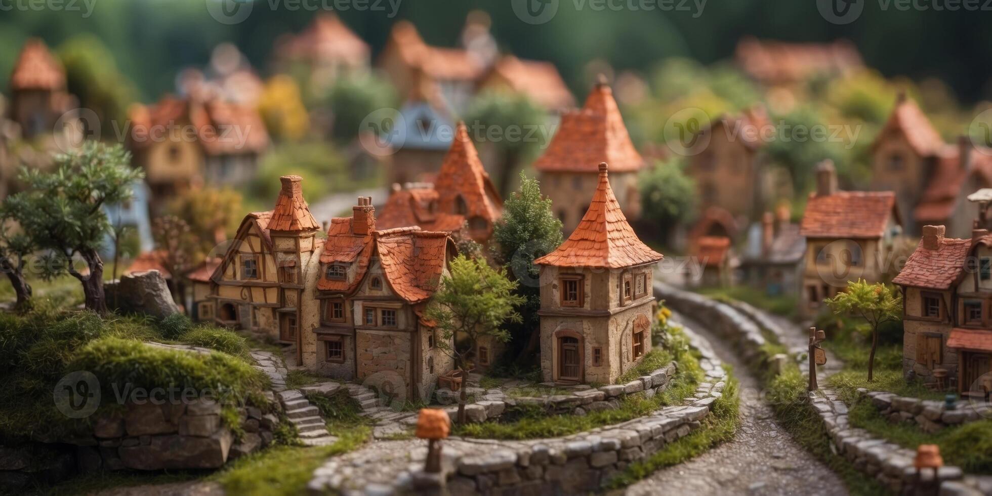 Within a whimsical and distorted landscape, a miniature village seems to come alive in an enchanting tilt-shift photograph. photo