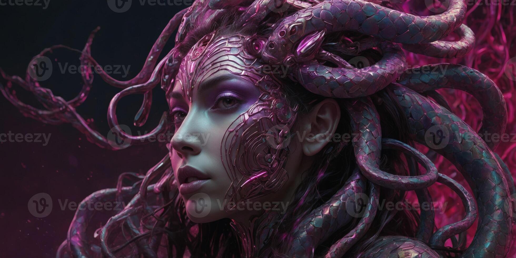 A brilliantly detailed cyborg gorgon with scales shimmering in vibrant magenta hues, metallic cybernetic tendrils intertwining with luscious locks of hair, and sharp, glowing eyes that pierce thr. photo