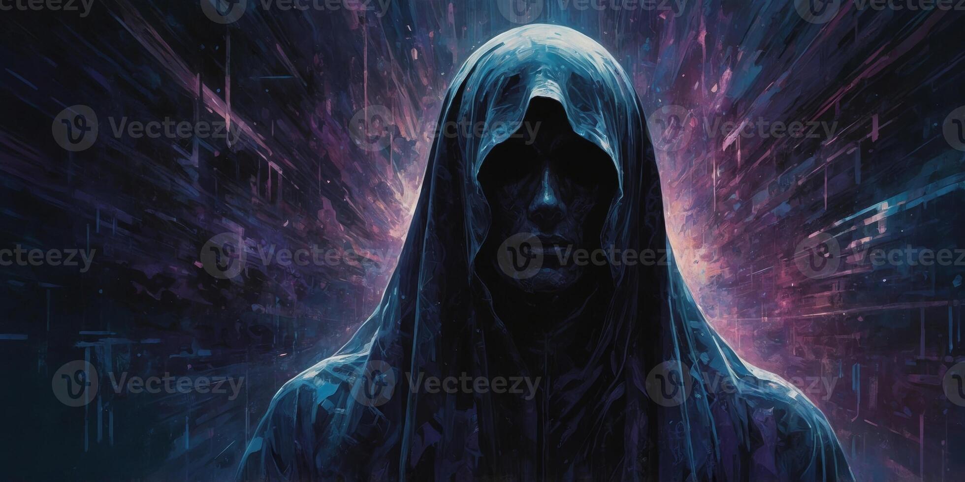 In the shadowy depths of the digital cosmos, a mysterious noir-inspired ghost hovers, its translucent form a haunting mix of celestial beauty and digital distortion. photo