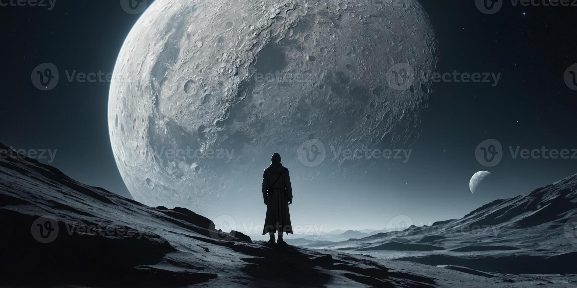 In the dimly-lit expanse of a lunar landscape, a mysterious digital nomad stands silhouetted against the stark white glow of a distant planet. photo