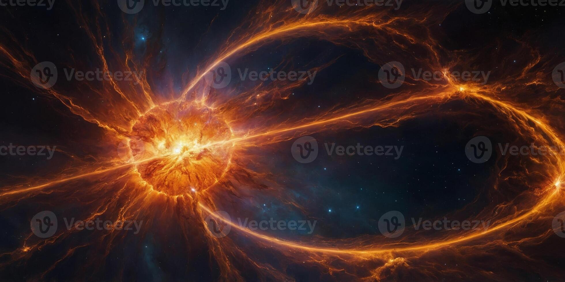 A dazzling, otherworldly solar flare erupts in a burst of fiery oranges and electric yellows, casting a surreal glow against the dark void of space. photo