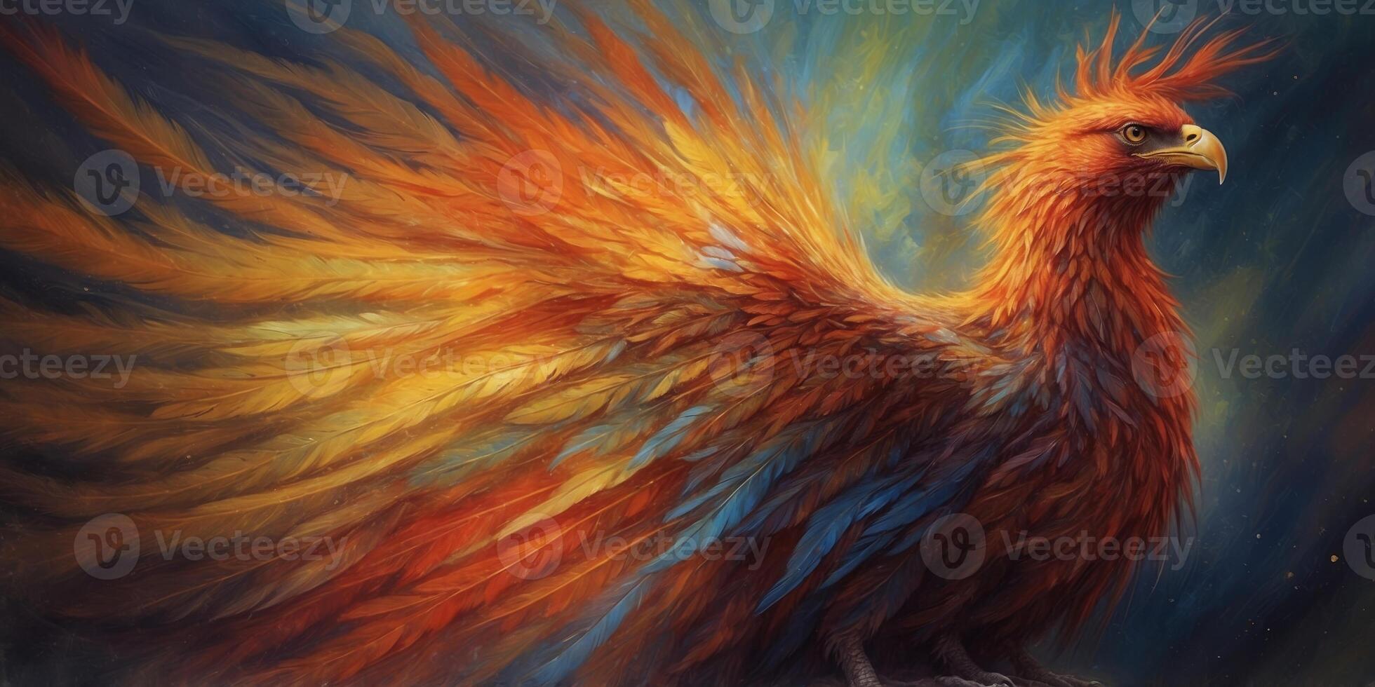 A mesmerizingly vibrant phoenix, its fiery feathers aflame with spectral colors shifting and shimmering in an otherworldly dance. photo