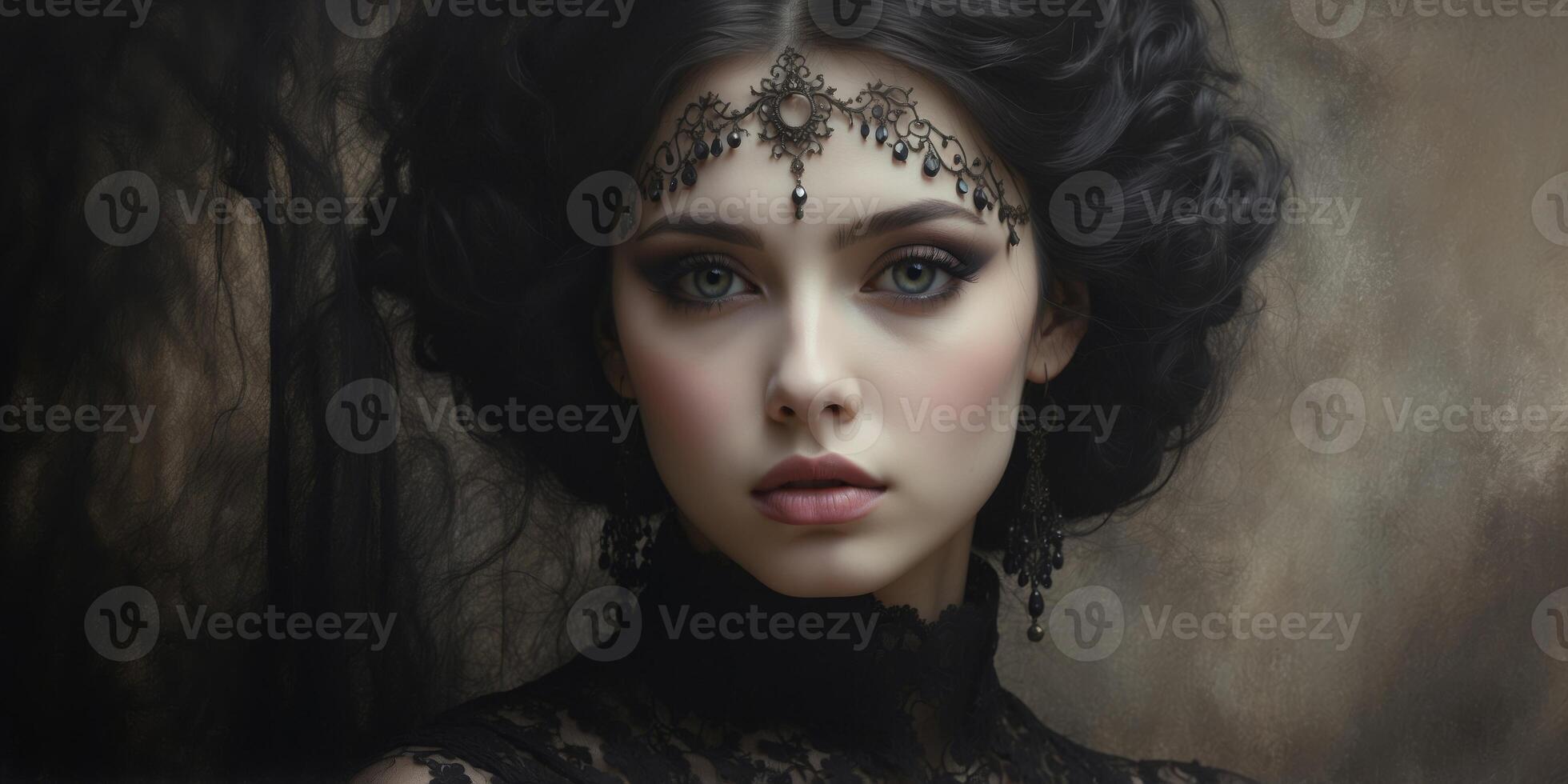 In a chillingly bewitching portrayal, an ethereal figure in a gothic exotic fashion captures the essence of otherworldly elegance. photo