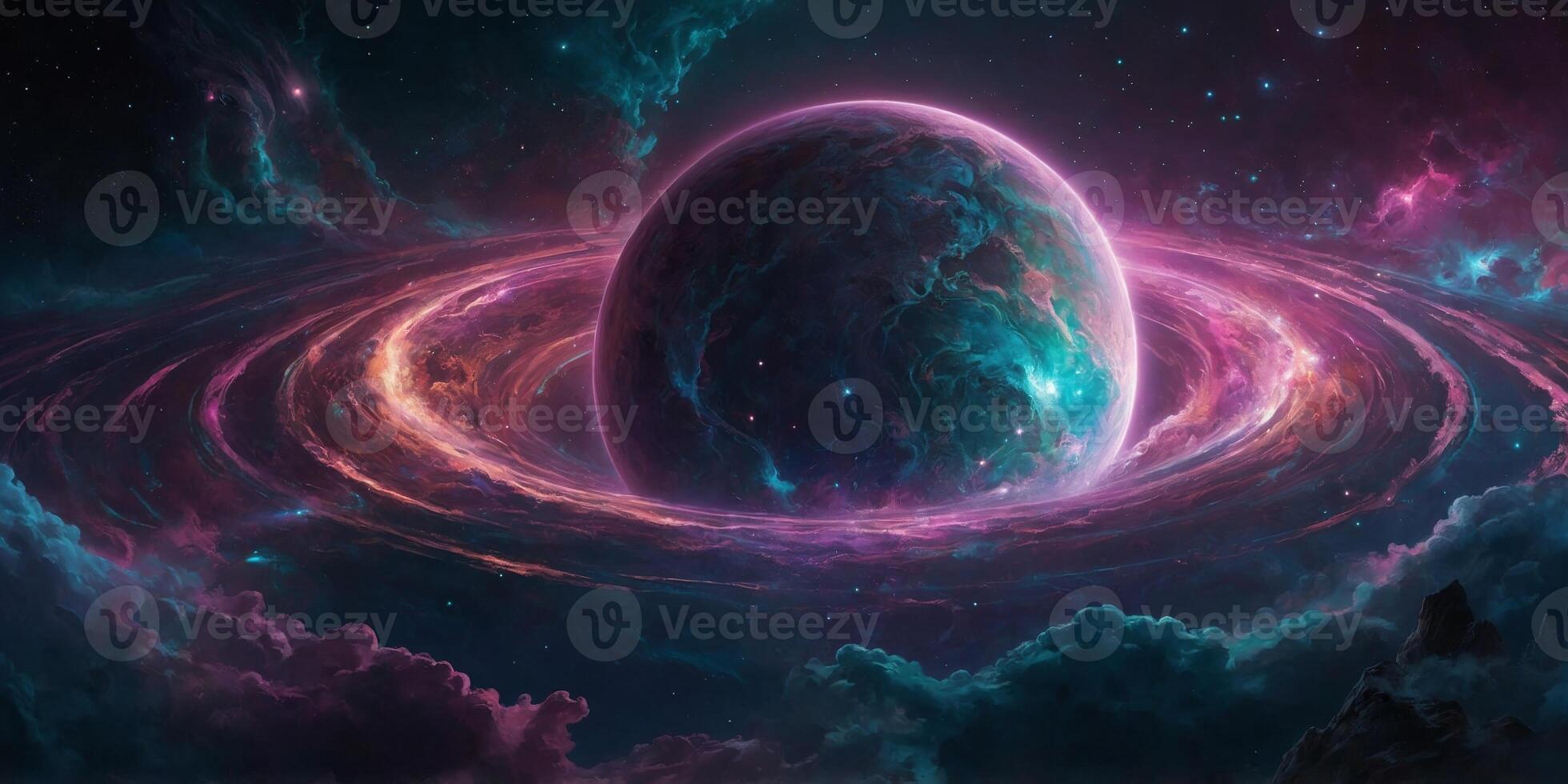 A luminous digital anime depicts a breathtaking neon-lit celestial body, its surface pulsating with vibrant colors and intricate patterns. photo
