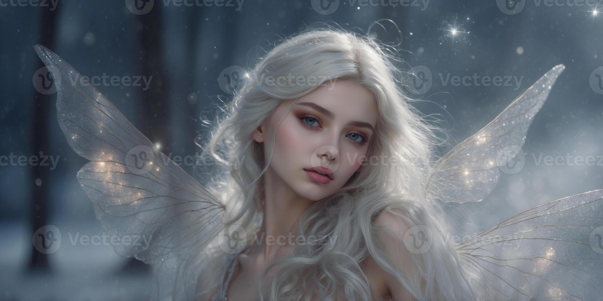 In the ethereal world of a watercolor painting resides a starry-eyed chilling fairy, her delicate features lending an air of mystique to the scene. photo