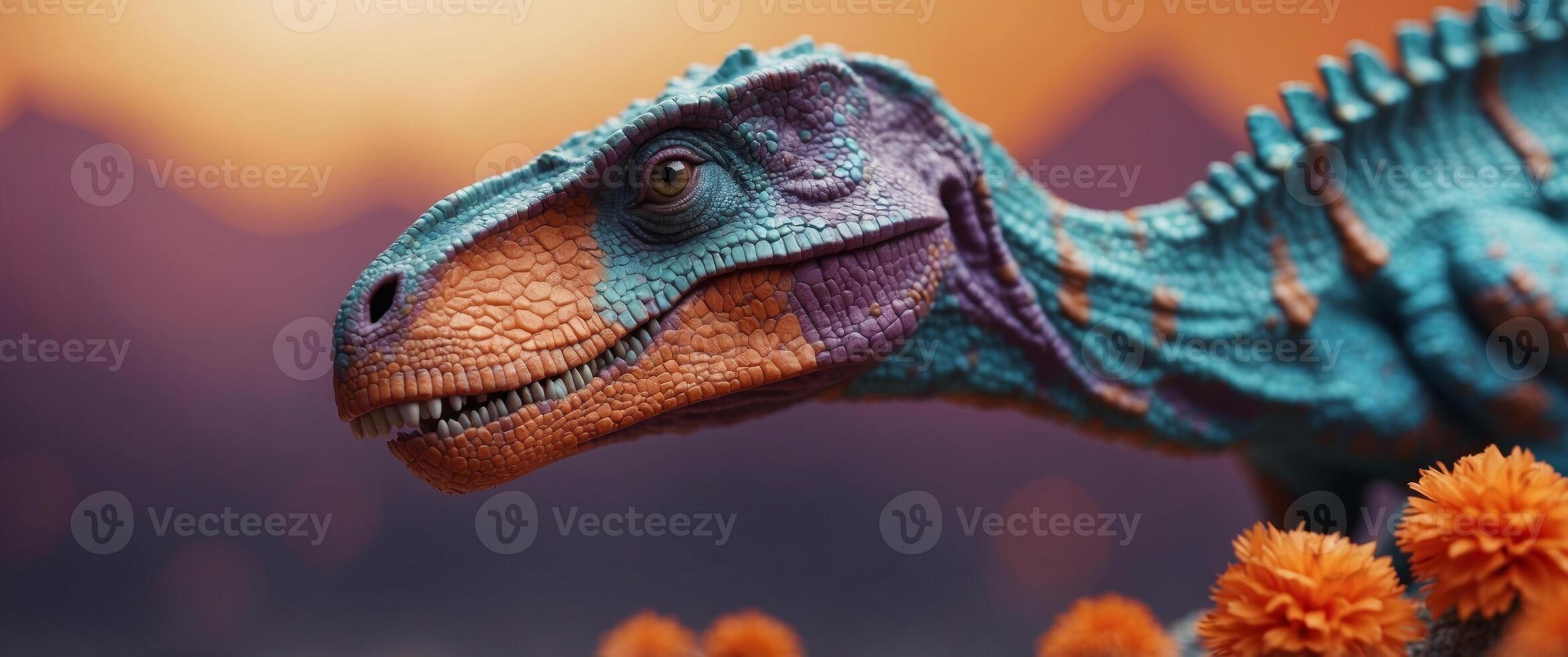 Purple turquoise dinosaur on an orange background with copy space. photo