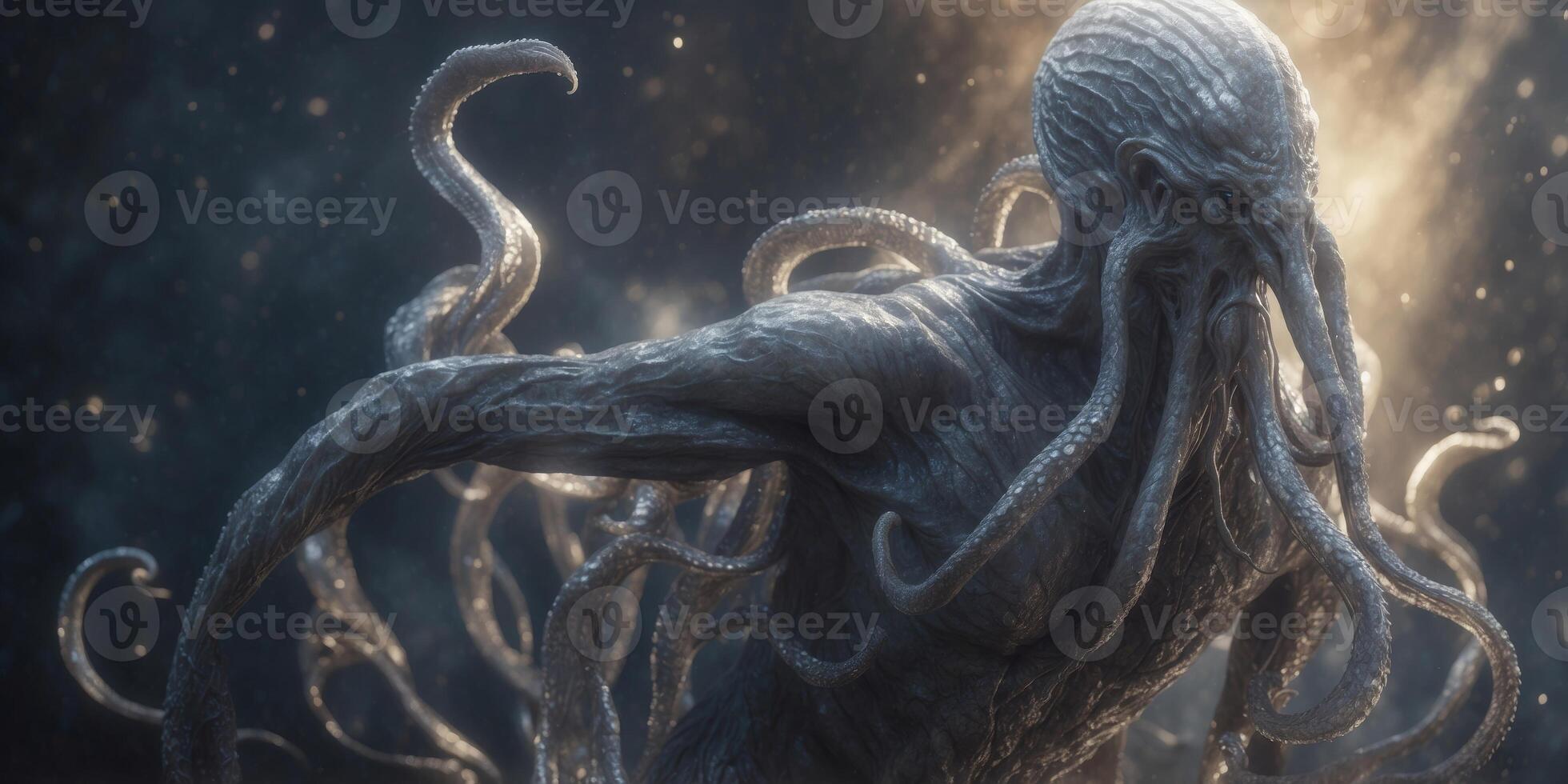 A shimmering, ethereal tentacled titan emerges from the depths, its silvery form twisting and undulating in an otherworldly dance. photo