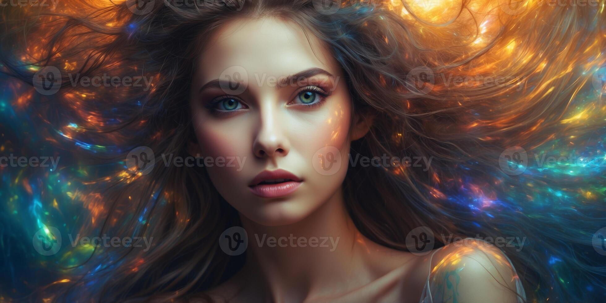 In a world where reality blurs with the digital realm, an ethereal goddess of neon dreams emerges from the depths of an oil painting. photo