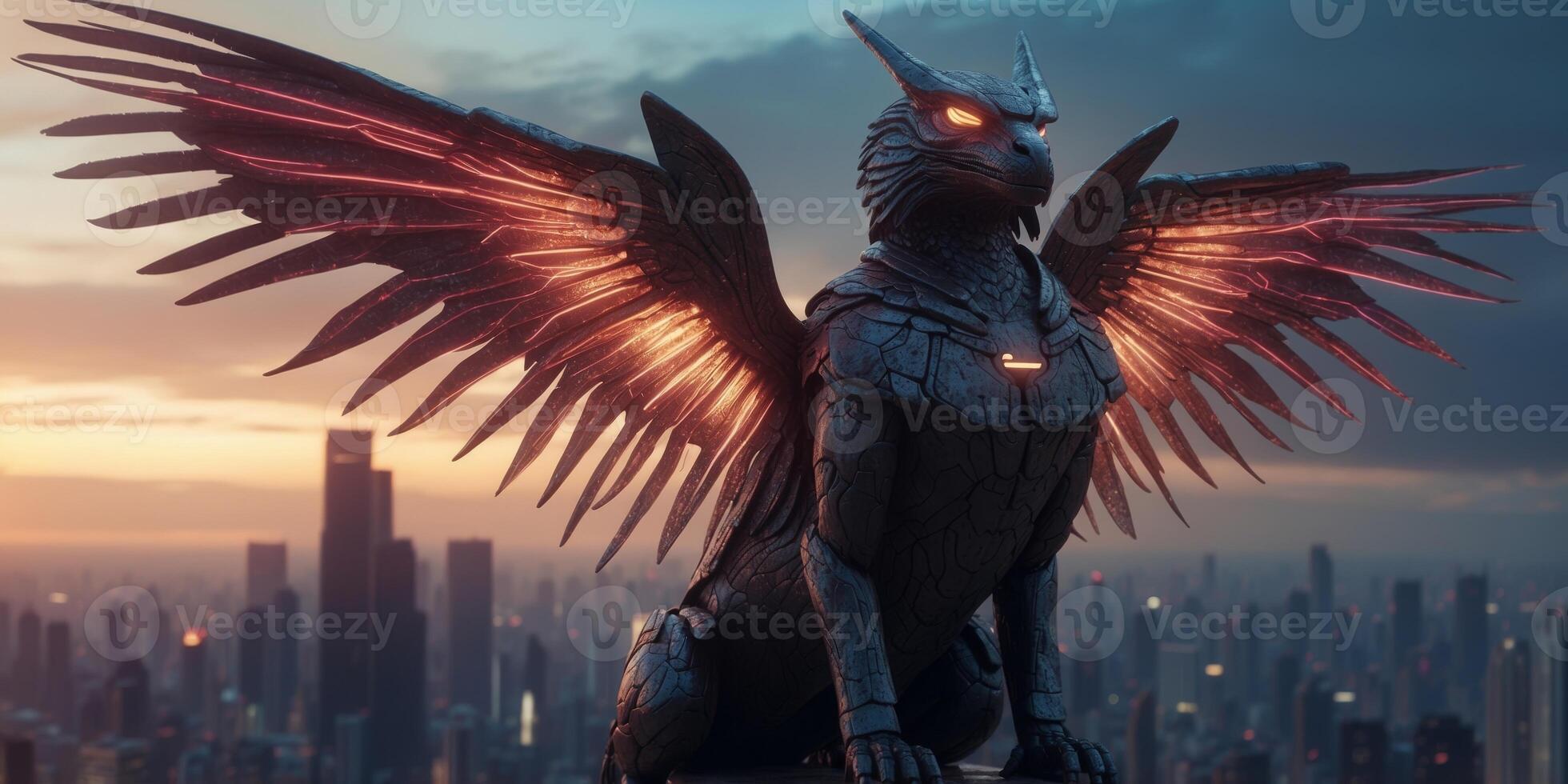 A sleek, imposing cyberpunk sphinx with neon-lit eyes, metallic fur, and circuit-patterned wings perches atop a neon-lit skyscraper, embodying enigmatic wisdom in a futuristic city. photo