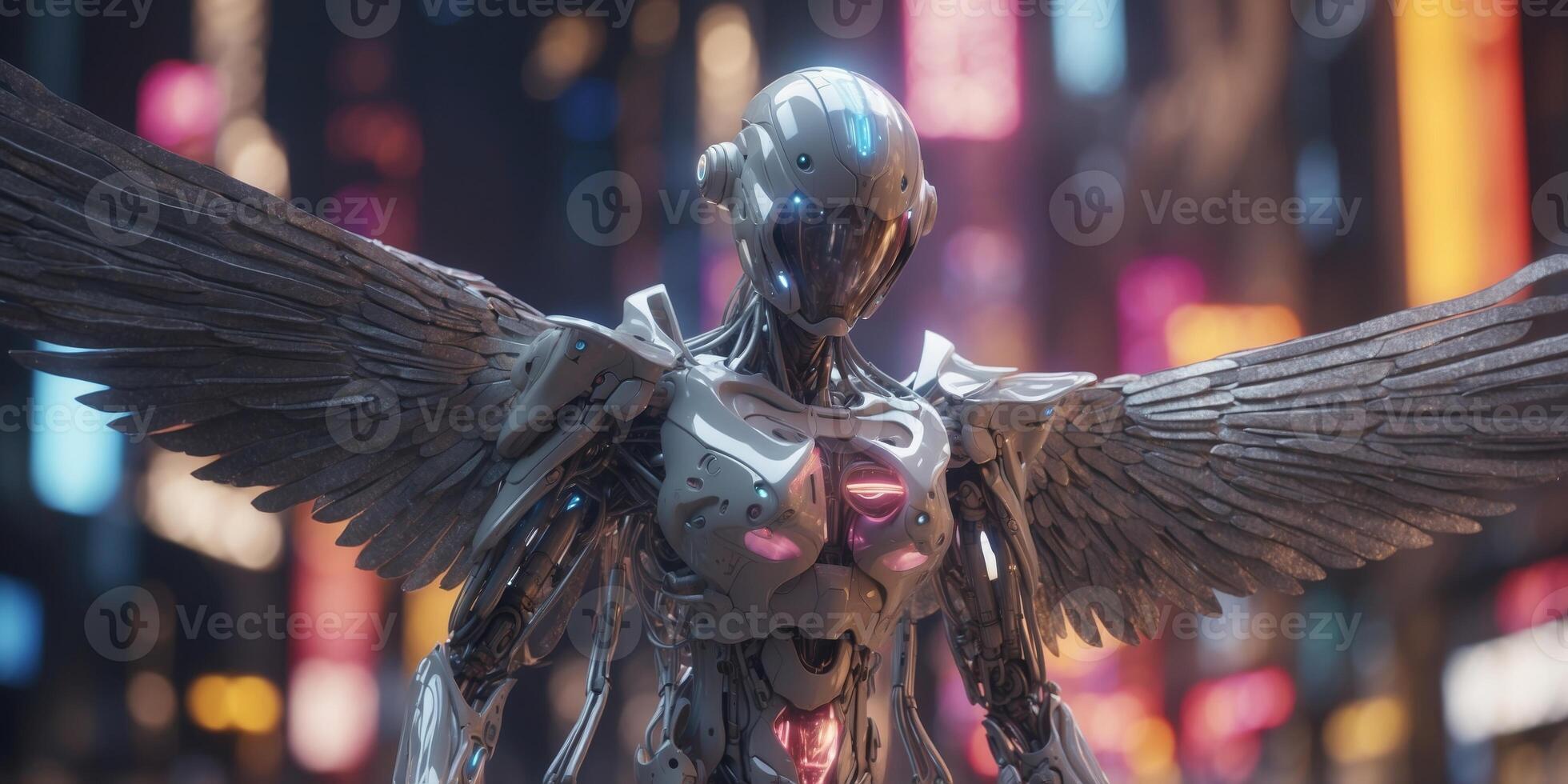 A luminous tech-savvy fairylike metaverse explorer, their ethereal wings shimmering with virtual light against a backdrop of pixelated skies and neon data streams. photo
