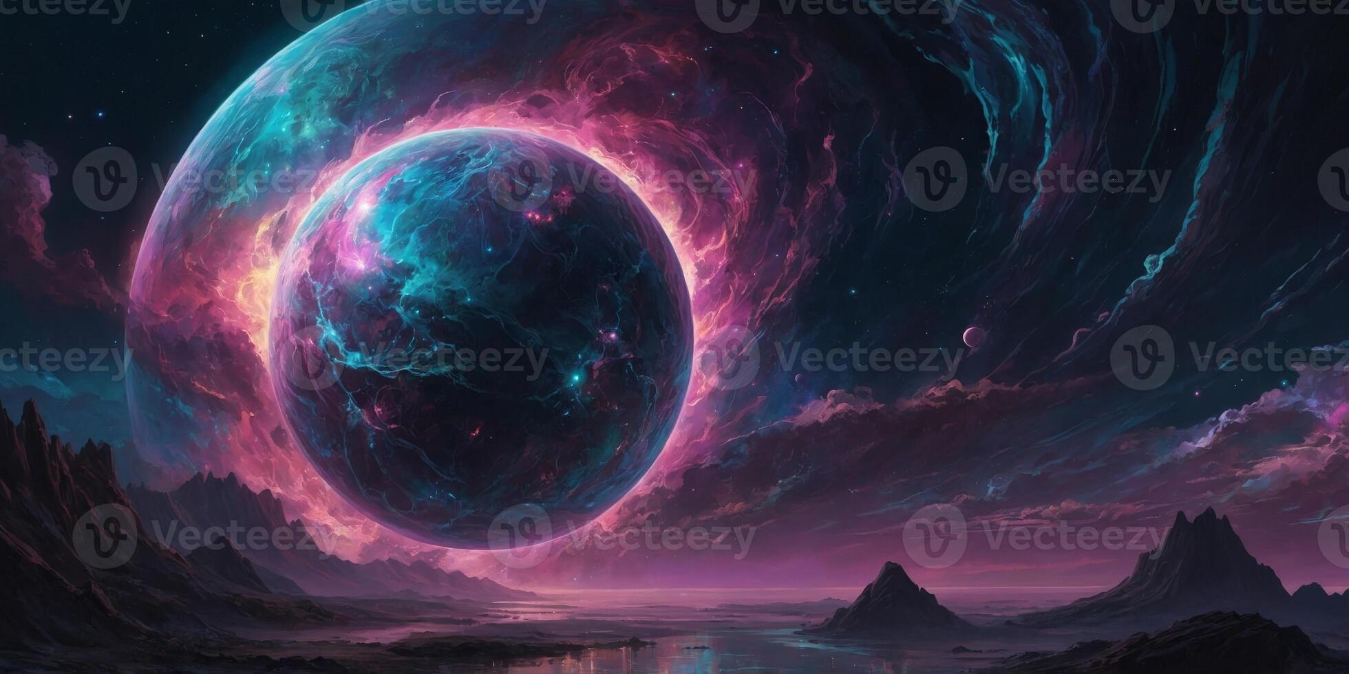 A luminous digital anime depicts a breathtaking neon-lit celestial body, its surface pulsating with vibrant colors and intricate patterns. photo