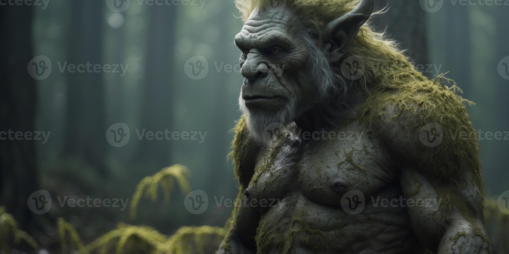 In a misty forest clearing, a majestic bioluminescent troll stands tall, its glowing fungus-covered skin casting an ethereal glow. photo