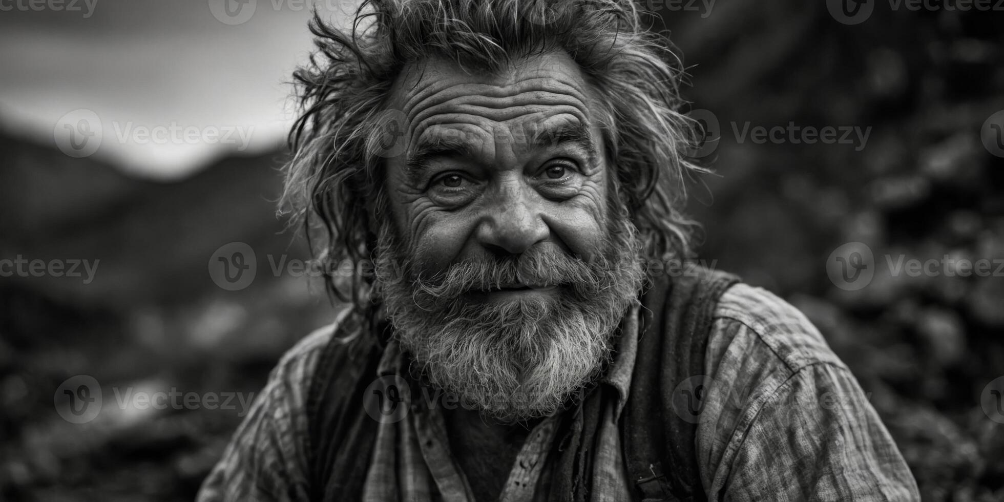 A rugged, grungy dwarf with wild hair and a mischievous grin gazes out from a low-key pinhole photograph. photo