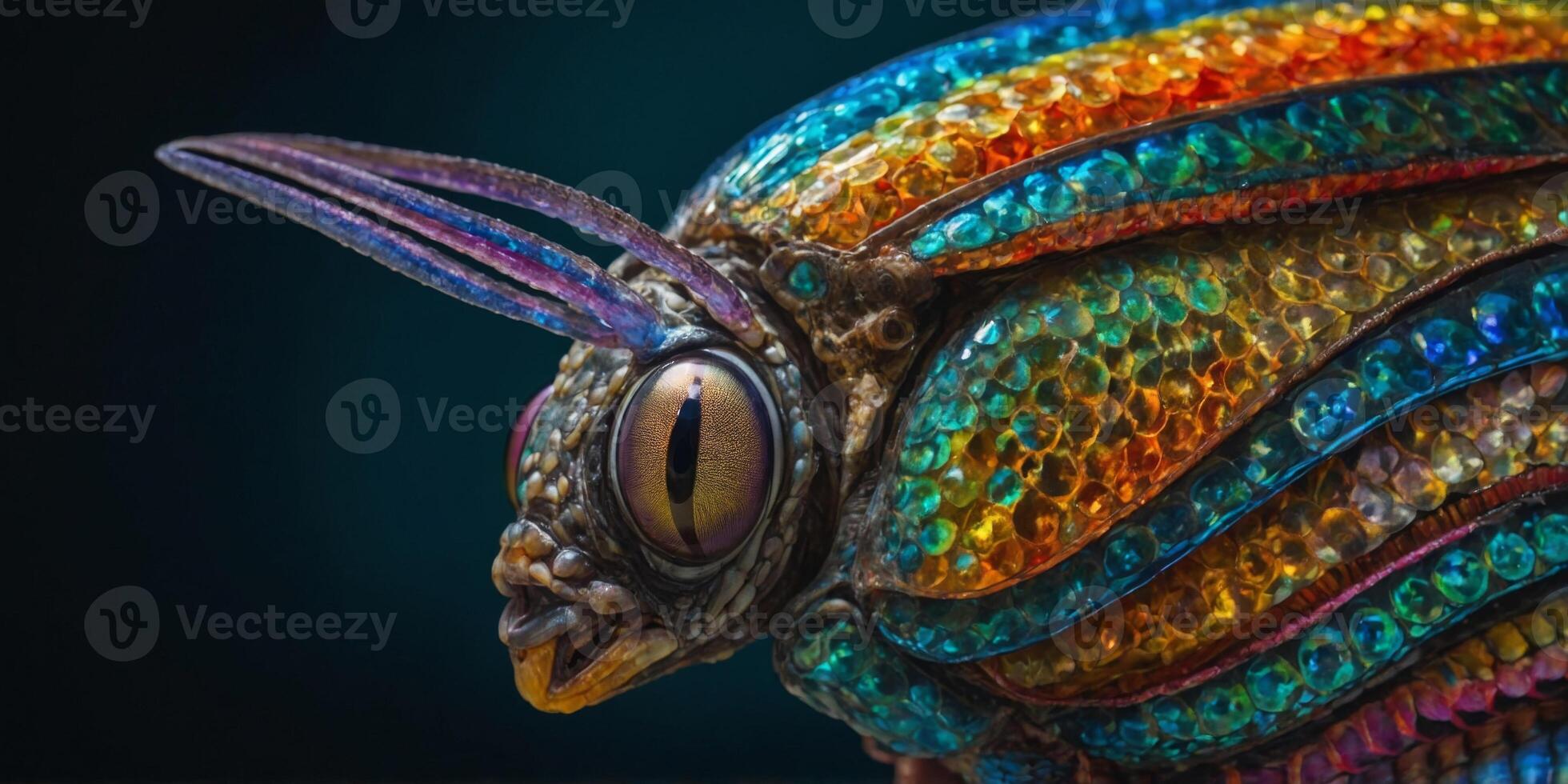 A shimmering, otherworldly insectoid fishlike creature, its every feature a symphony of colors and patterns that seem to dance before your eyes. photo