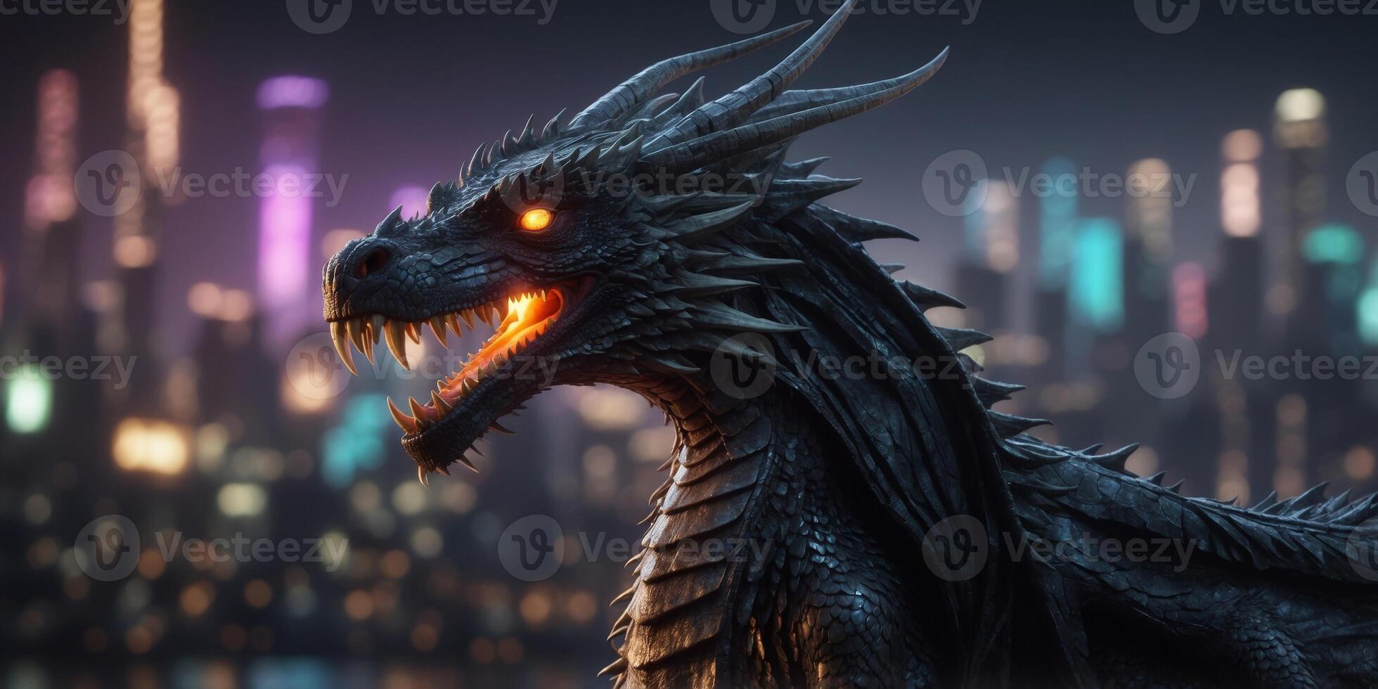 A menacingly elegant Stygian avant-garde dragon, its sleek obsidian scales shimmering with a dark iridescence against a neon cyberpunk cityscape. photo