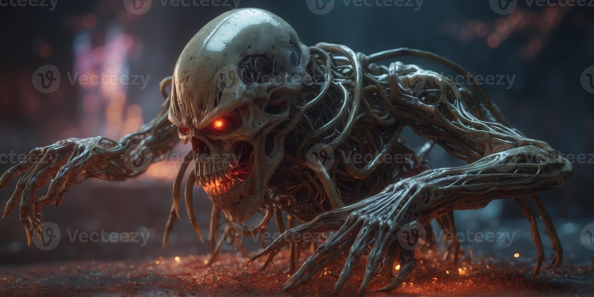 A retro-futuristic elaborate cosmic cannibal, its metallic exoskeleton gleaming with intricate neon circuitry, tentacles extending like cosmic tendrils from its elongated, angular body. photo