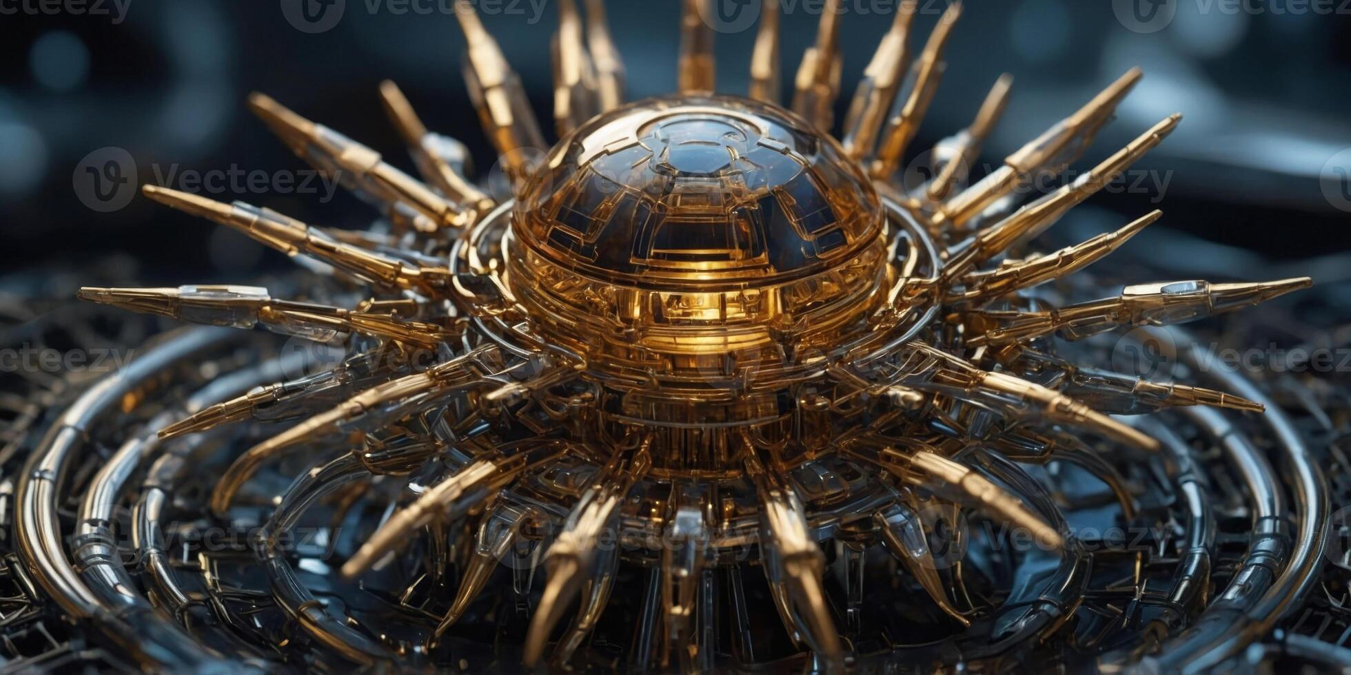 A shimmering lattice of silver and gold nanobots form intricate patterns, their metallic surfaces gleaming with an otherworldly sheen. photo