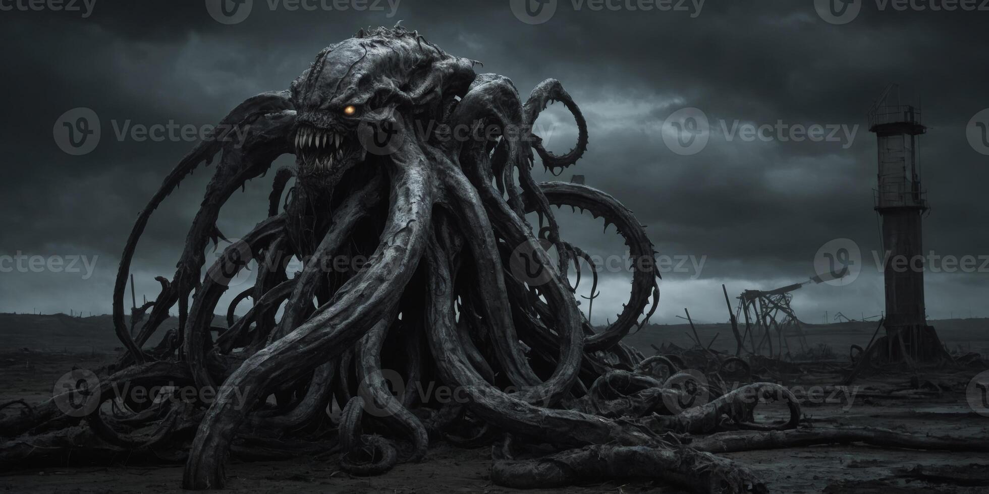 In a desolate, post-apocalyptic world painted in ominous shades of gray and black, a towering figure looms in the foreground. photo