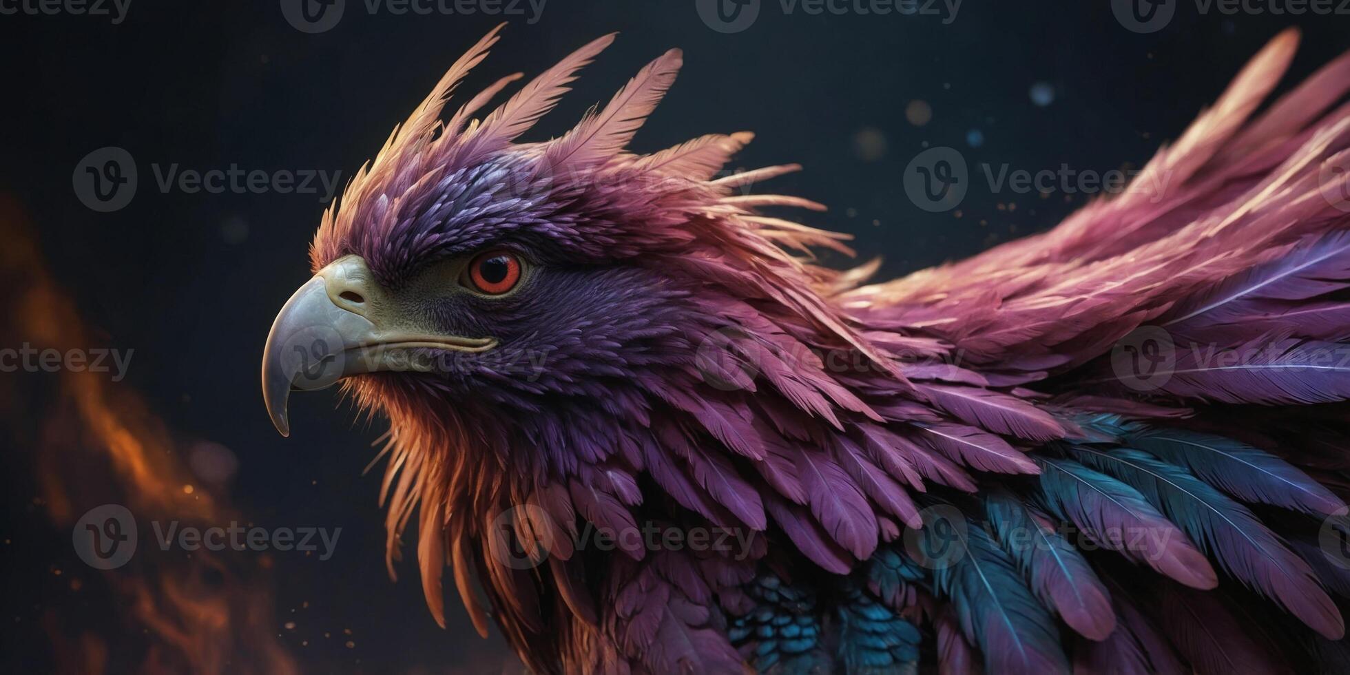 In the center of the still, a mesmerizing alien-esque phoenix with mauve-tinted feathers shines brightly. photo