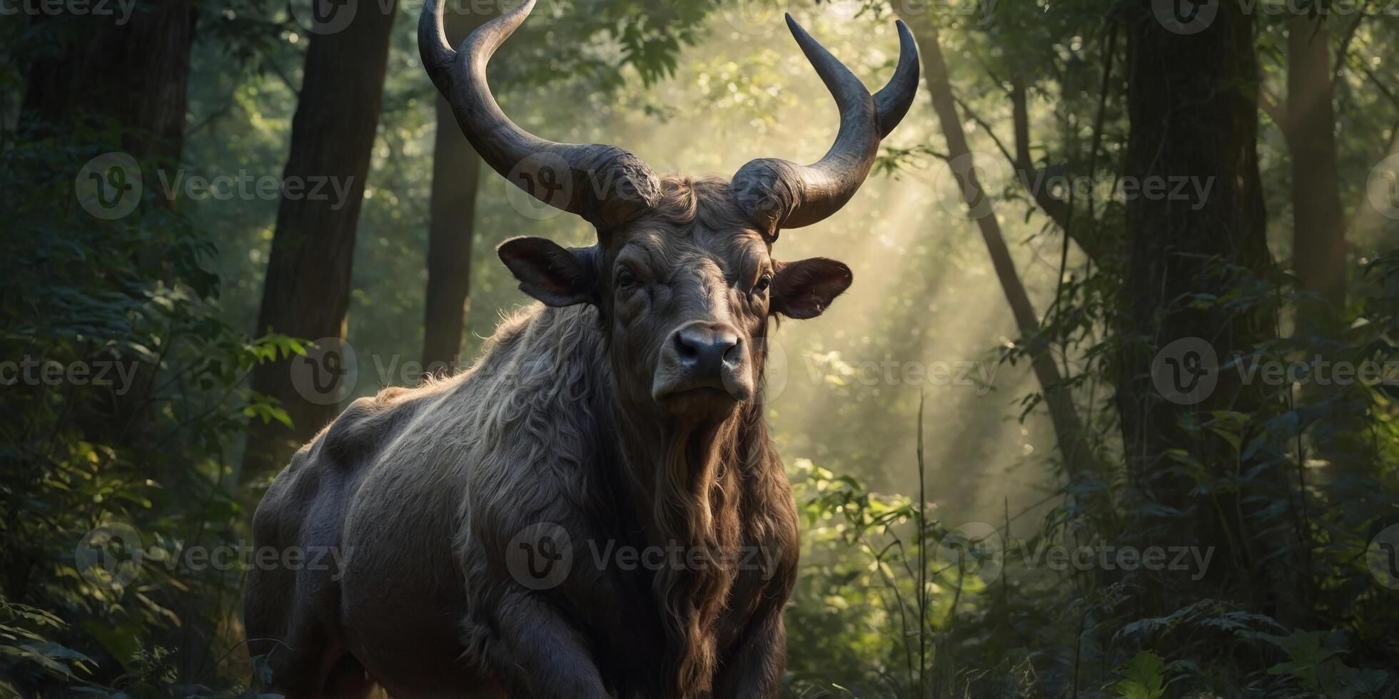 A shimmering, ethereal minotaur stands tall amidst a lush forest, his fur glimmering in the dappled sunlight. photo