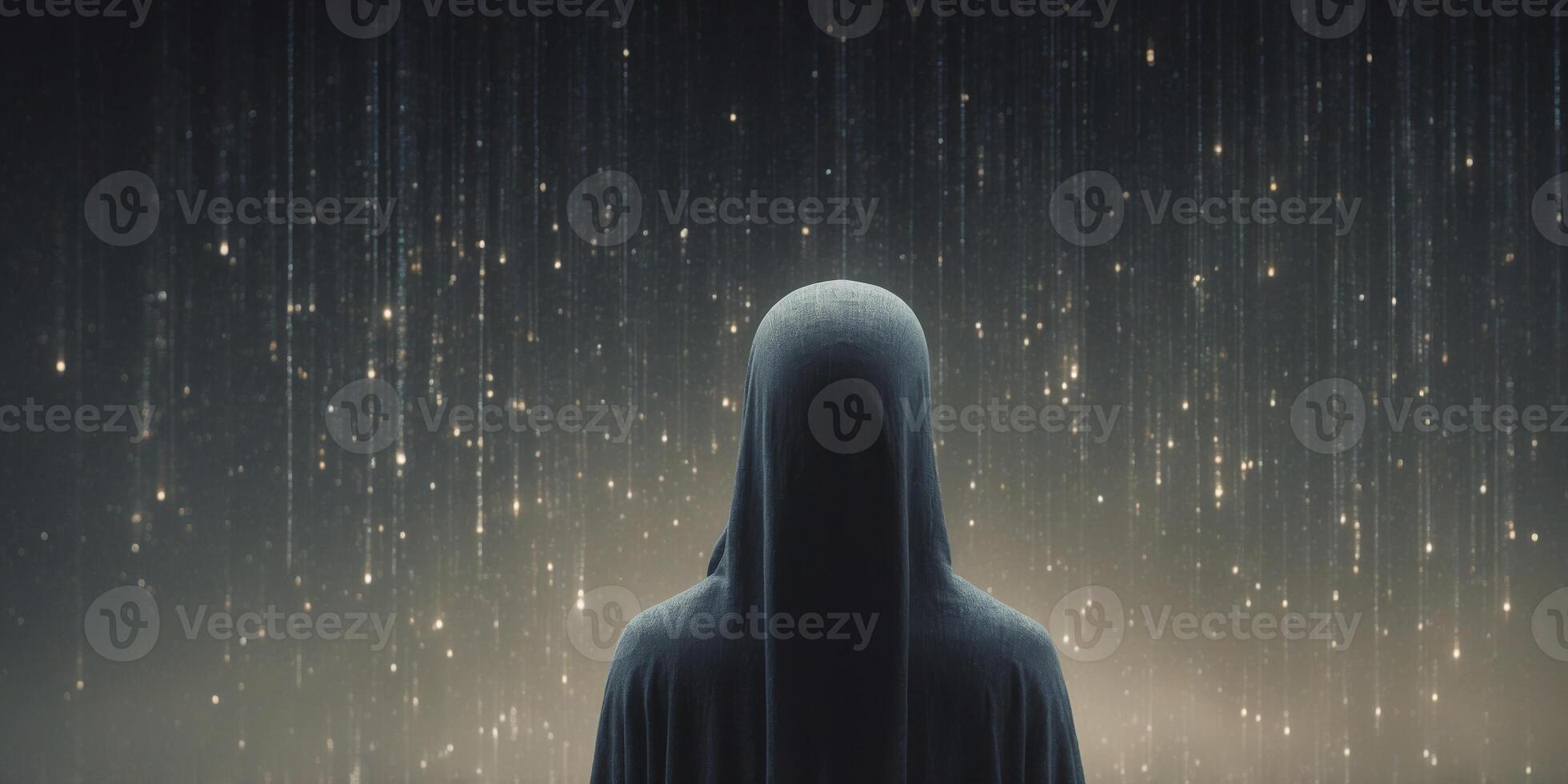 In the eerie, flickering glow of a fading AI dream sequence, a venerable figure shrouded in shadows stands amidst cascading lines of binary code that seem to pulse with an ominous energy. photo