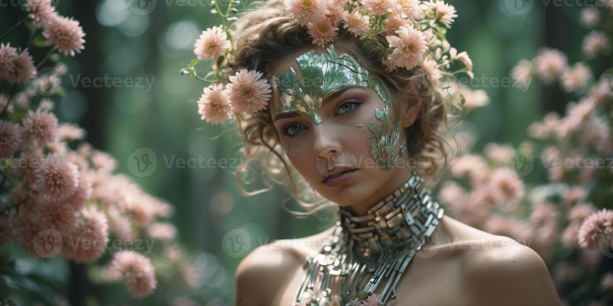 In the midst of a lush, verdant forest, a solarpunk illusory cyborg stands tall, half-covered in blooming flowers and half-mechanical. photo