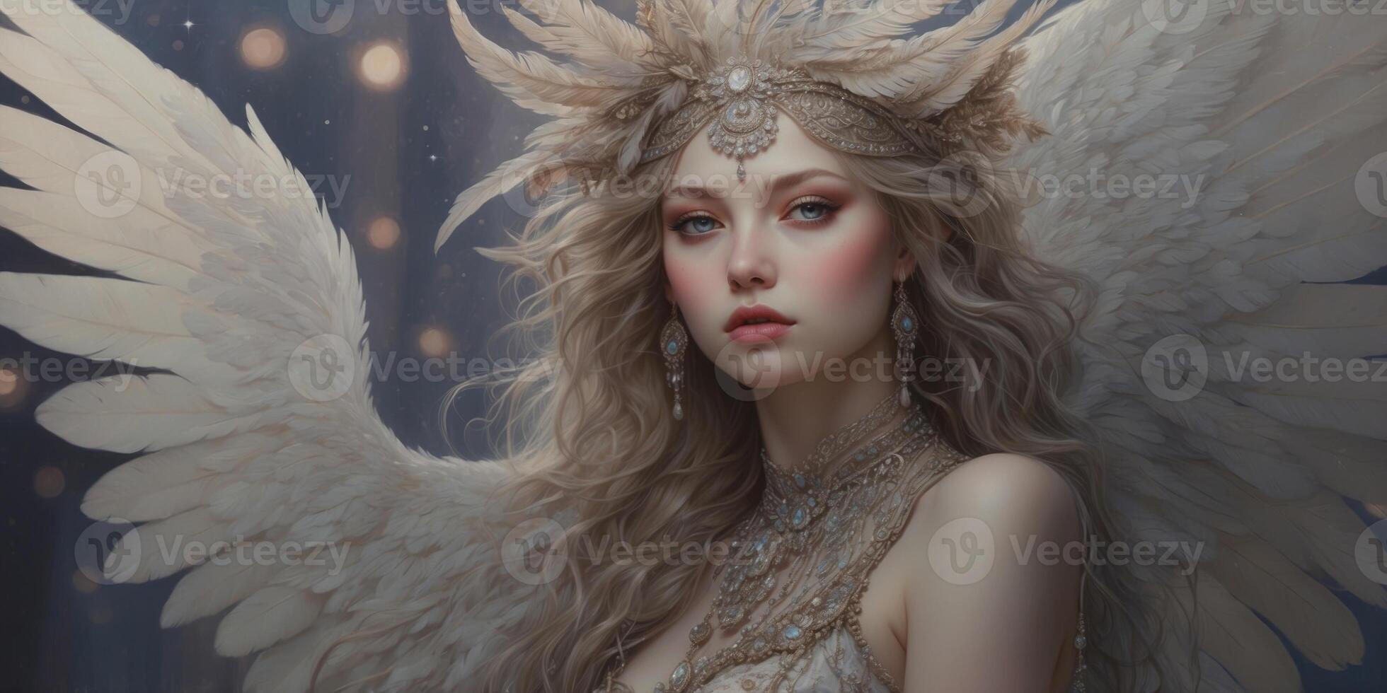 Ethereal and enchanting, a starry-eyed elusive harpy gazes wistfully into the distance, her delicate wings outstretched in a moment frozen in time. photo