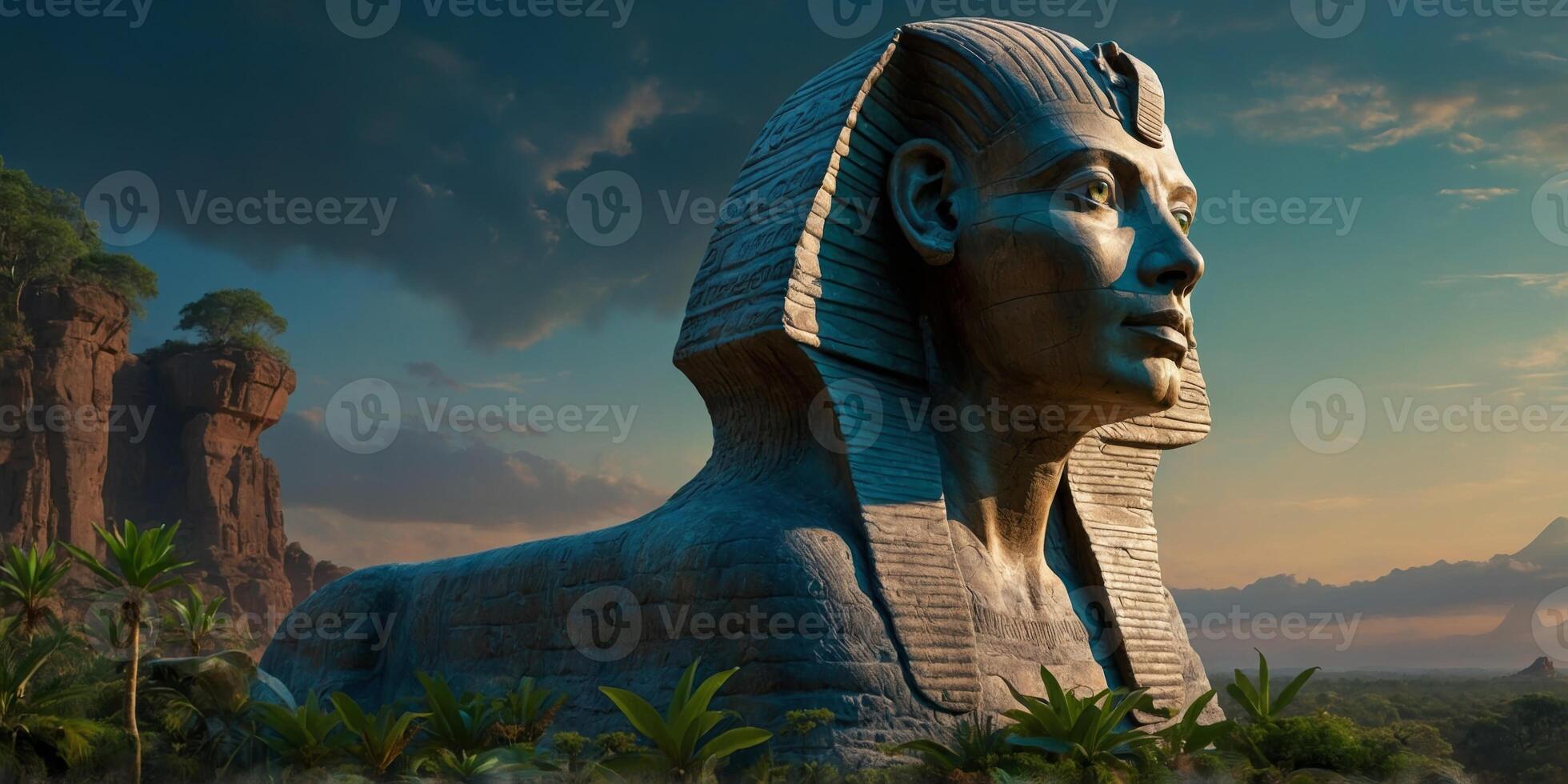 In the heart of a digital jungle, an ancient, enigmatic sphinx guards a virtual treasure map leading to untold riches. photo