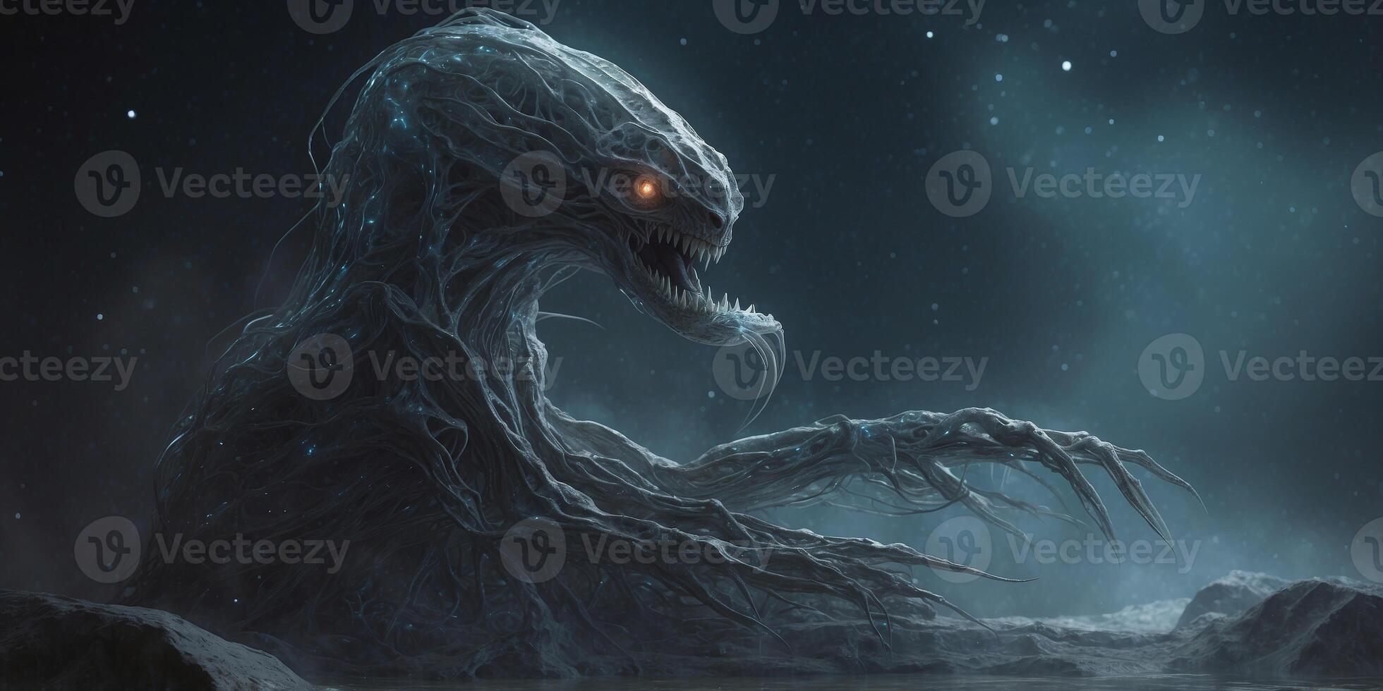 In the eerie depths of space, a menacing horror celestial crystal crawler slithers, its jagged crystalline body reflecting the distant stars in a deadly dance of light. photo