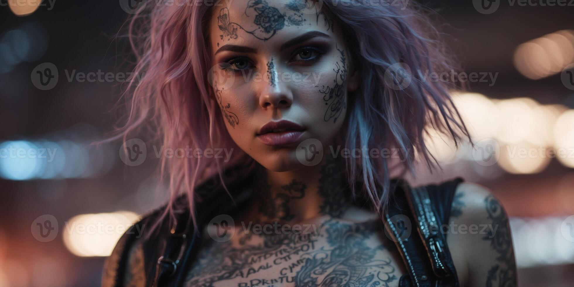A gritty, cyberpunk-inspired siren with a punk-rock vibe, her metallic body adorned with neon tattoos that pulse with electric energy. photo