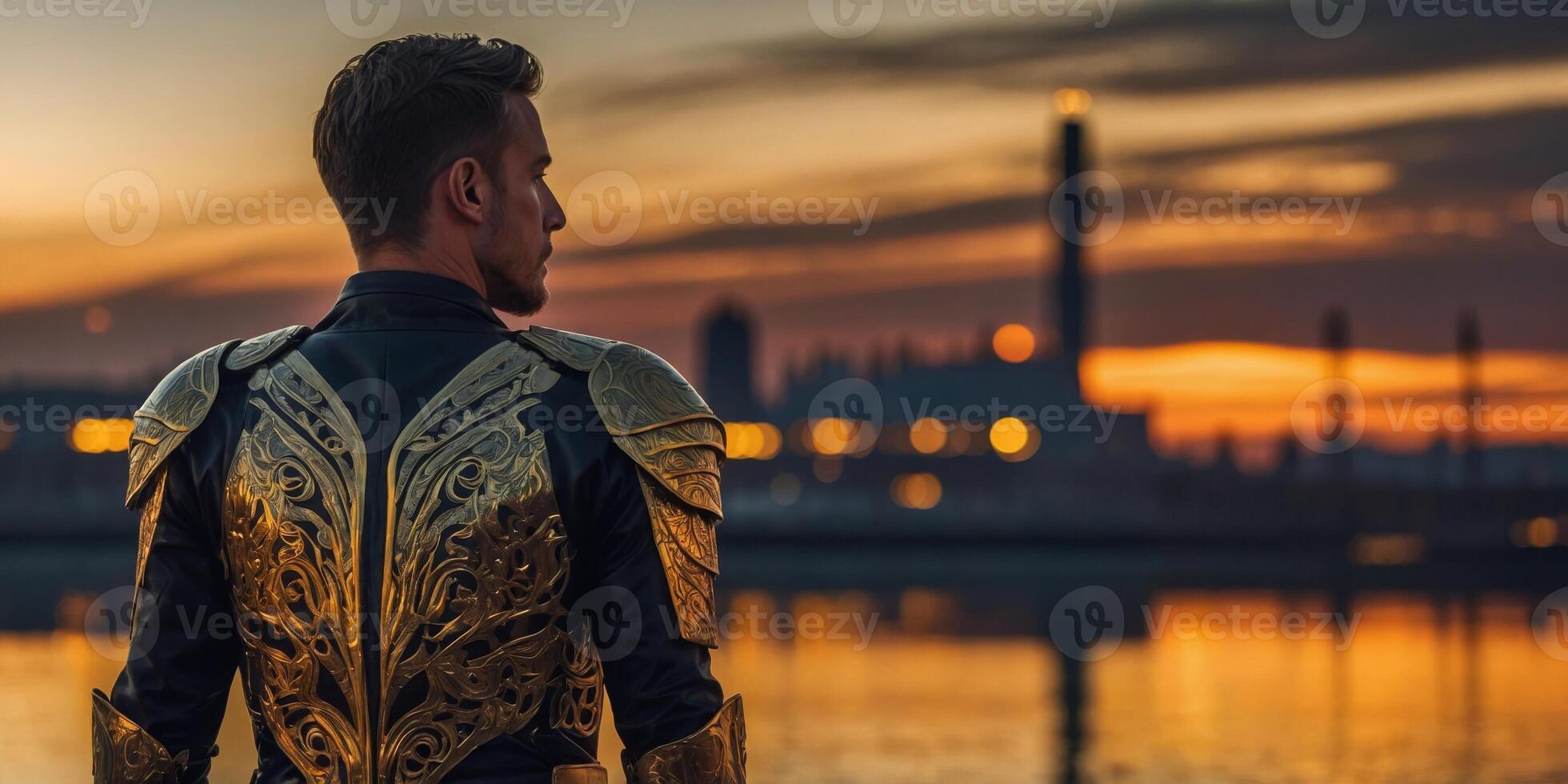 A luminous illustrious helical hunter, bathed in the warm hues of a golden hour neo-noir photograph. photo