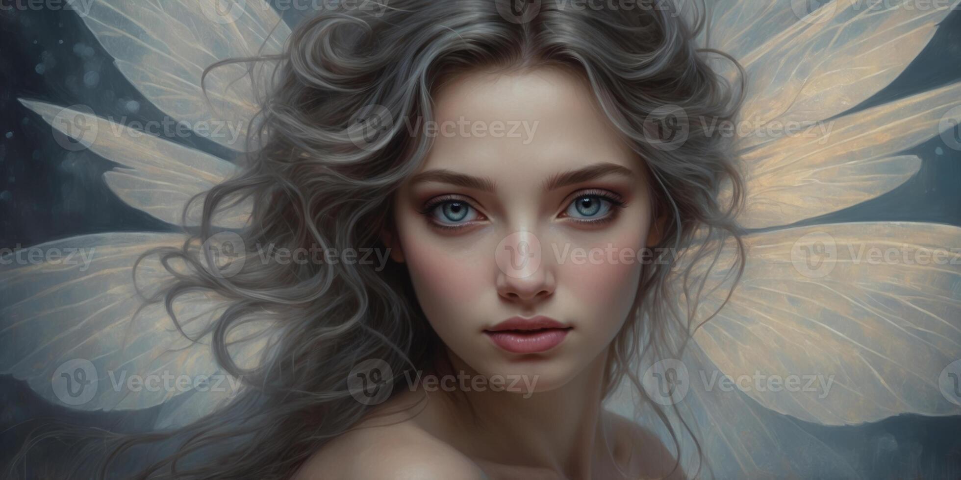 A hauntingly beautiful eldritch fairy, her ethereal presence captured in an acrylic painting. photo