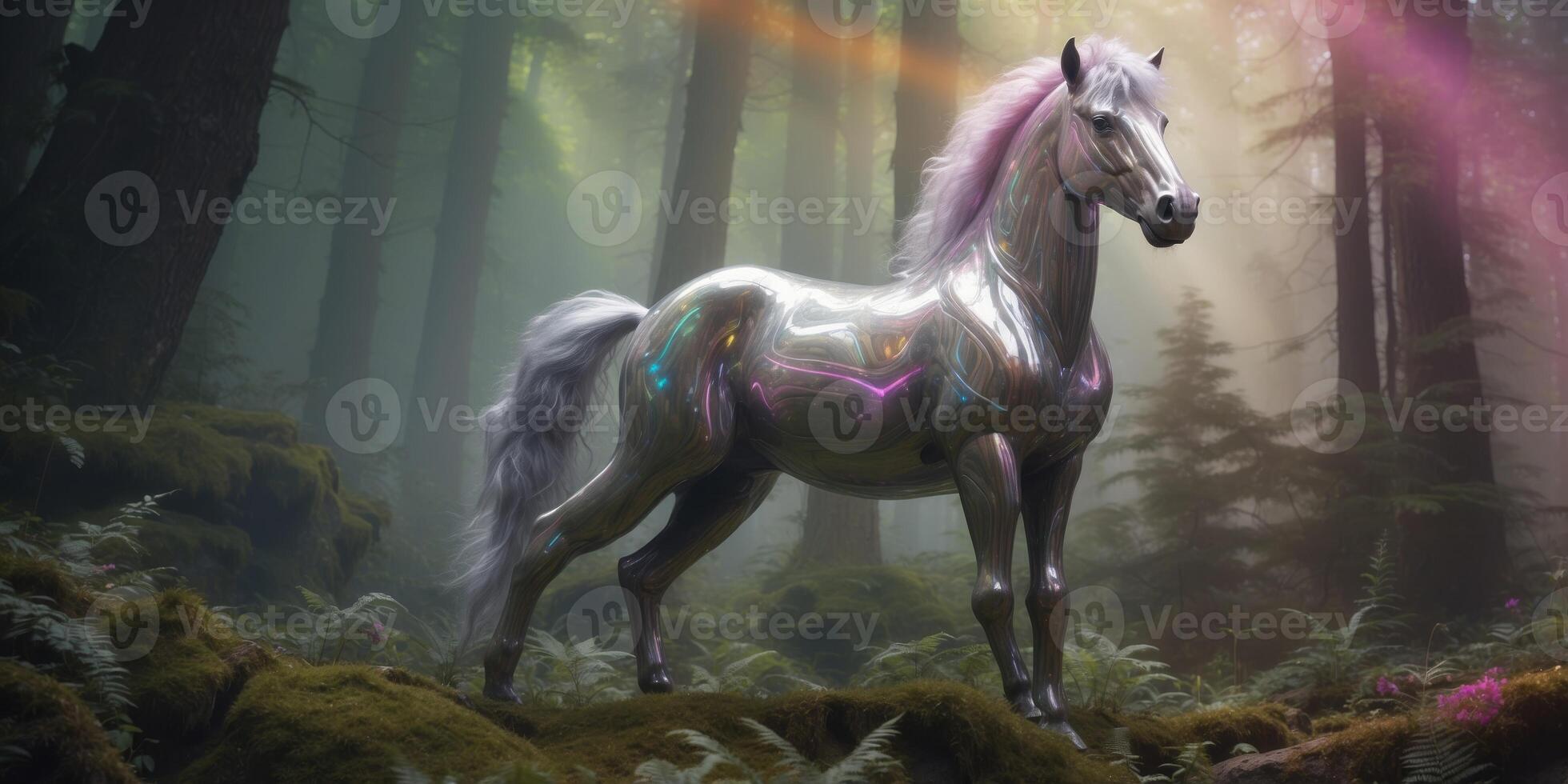 A retro-futuristic plush centaur, its metallic torso gleaming with a rainbow of holographic hues, stands in a lush, otherworldly forest. photo