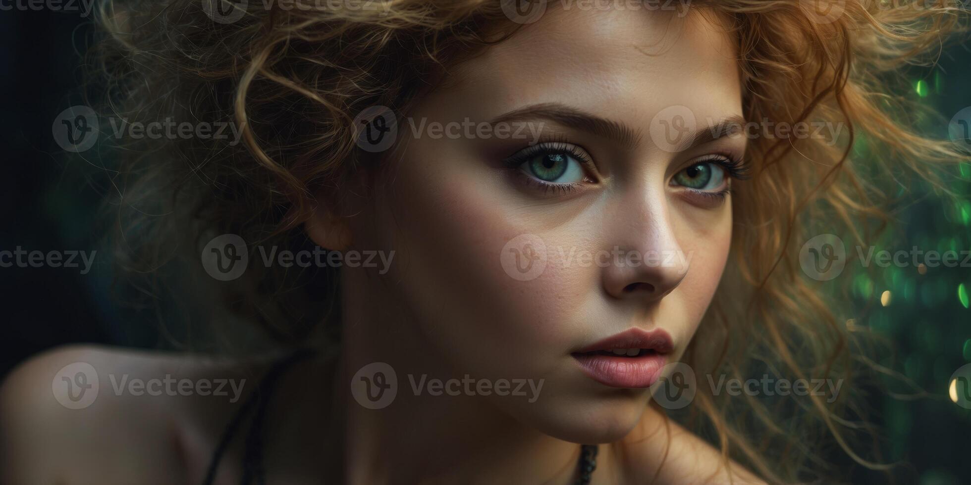 In a visually striking portrait, a zany sultry siren with wild, untamed hair cascading down her shoulders gazes seductively at the viewer. photo