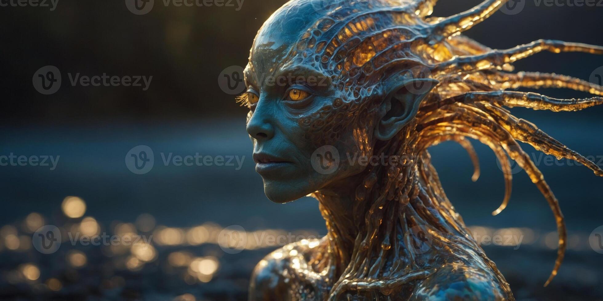 In the golden hour light, a breathtaking alien creature with intricate bioluminescent patterns adorns its sleek, otherworldly form. photo