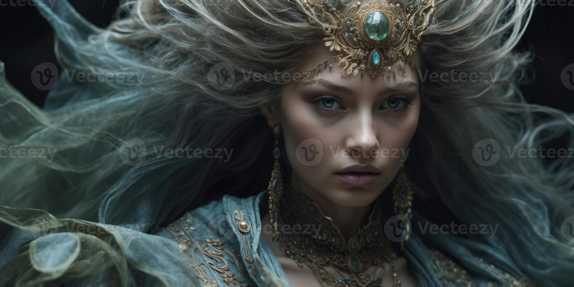 In the center of the digital image, an opulently dressed telekinetic alien, reminiscent of 18th-century royalty, exudes power and elegance. photo