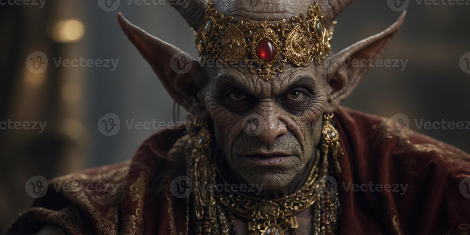 An opulent blood-curdling goblin, adorned in extravagant gold and silver jewelry and draped in luxurious velvet robes, his malevolent eyes gleaming with dark magic. photo