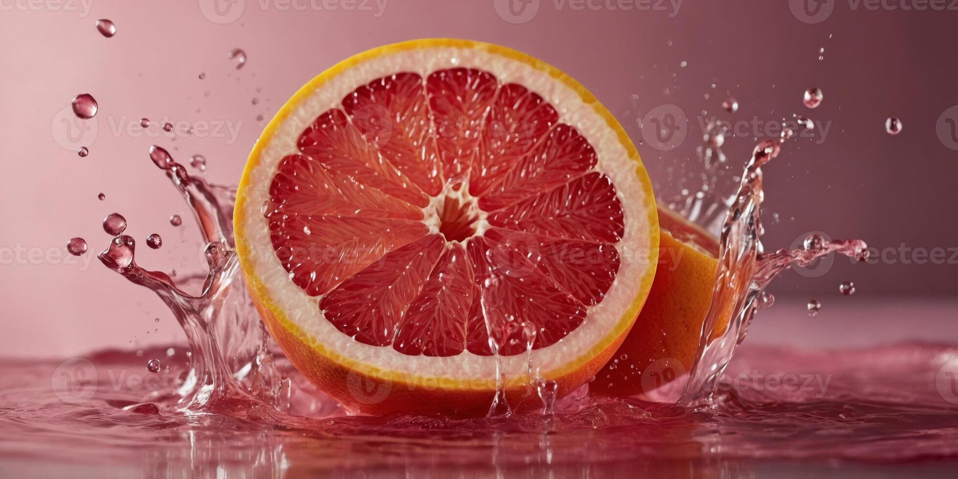 Sliced grapefruit and raspberries splashing in pink liquid. photo