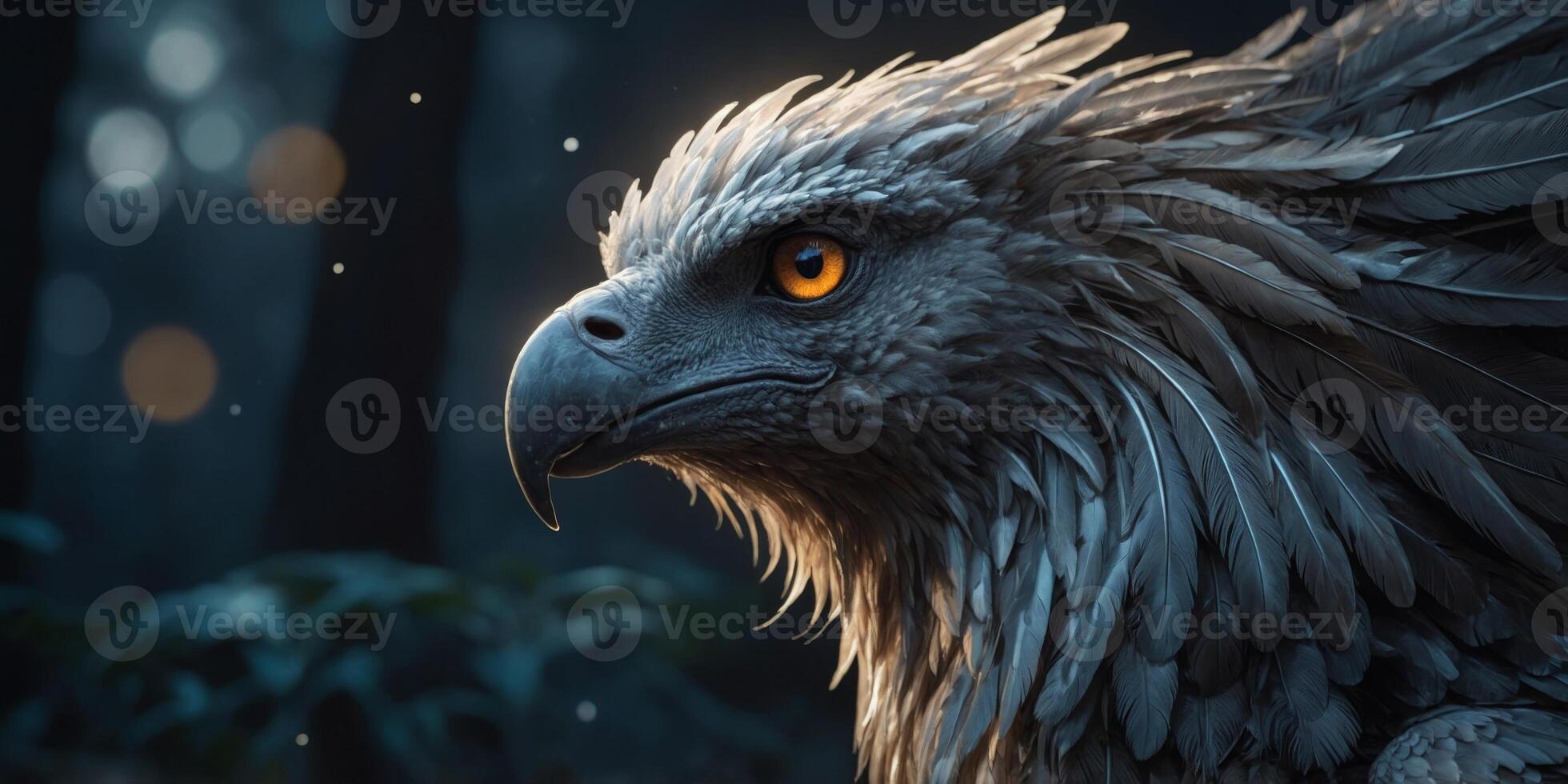 A spectral, shimmering griffin with polished silver feathers, its majestic figure ethereally glowing in the moonlight. photo