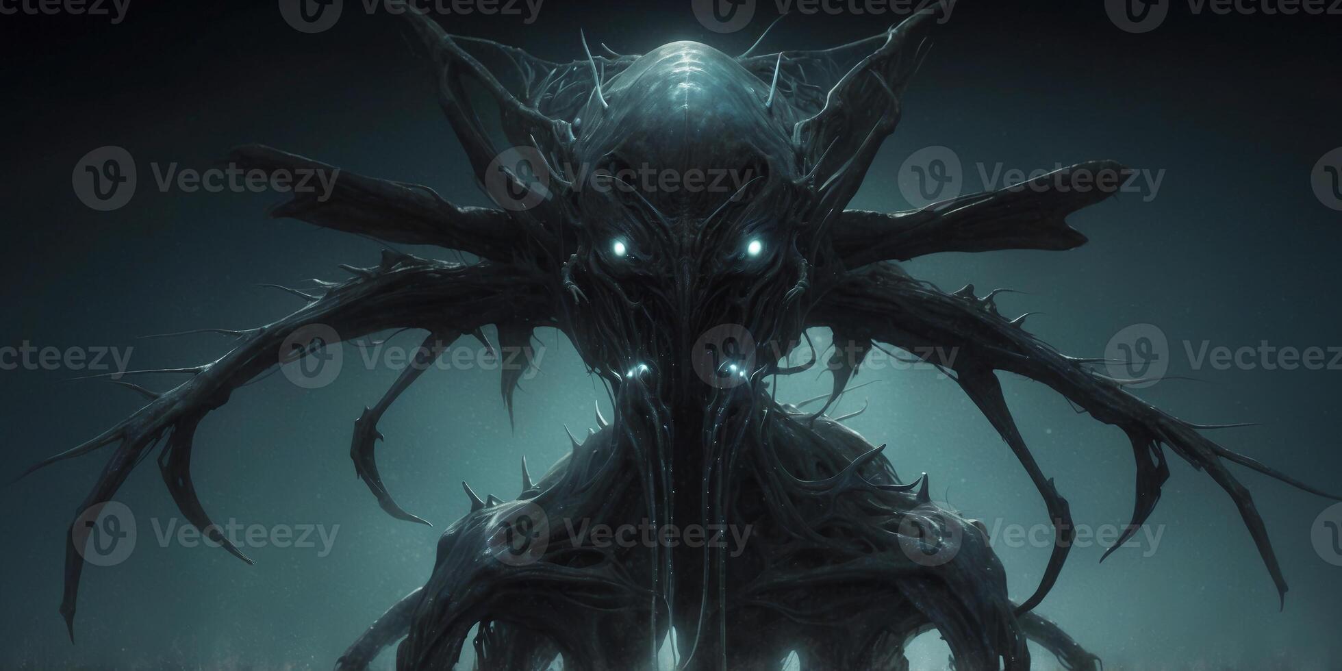A strikingly ominous, chiaroscuro insectoid fishlike creature creeps along the murky depths, with intricate patterns of light and shadow dancing across its sleek, glossy exoskeleton. photo