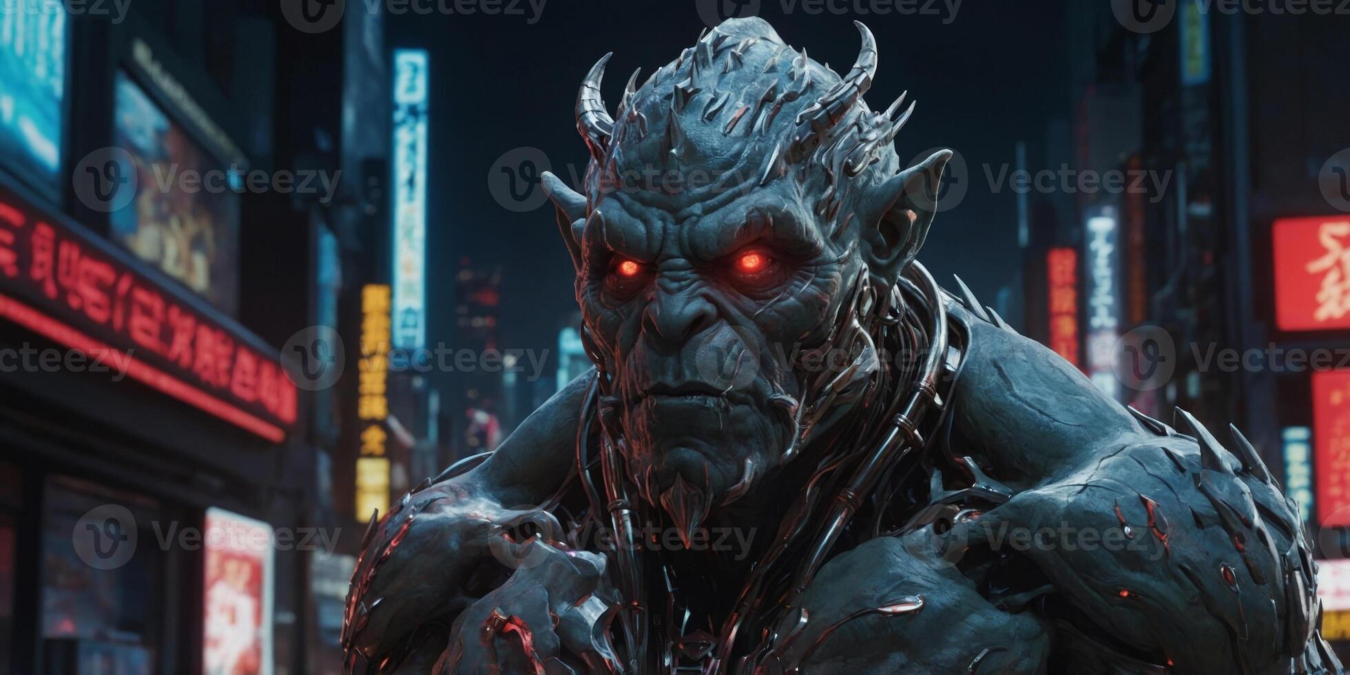 A shimmering, metallic orc-like creature exudes an otherworldly aura in a digital anime concept art piece. photo