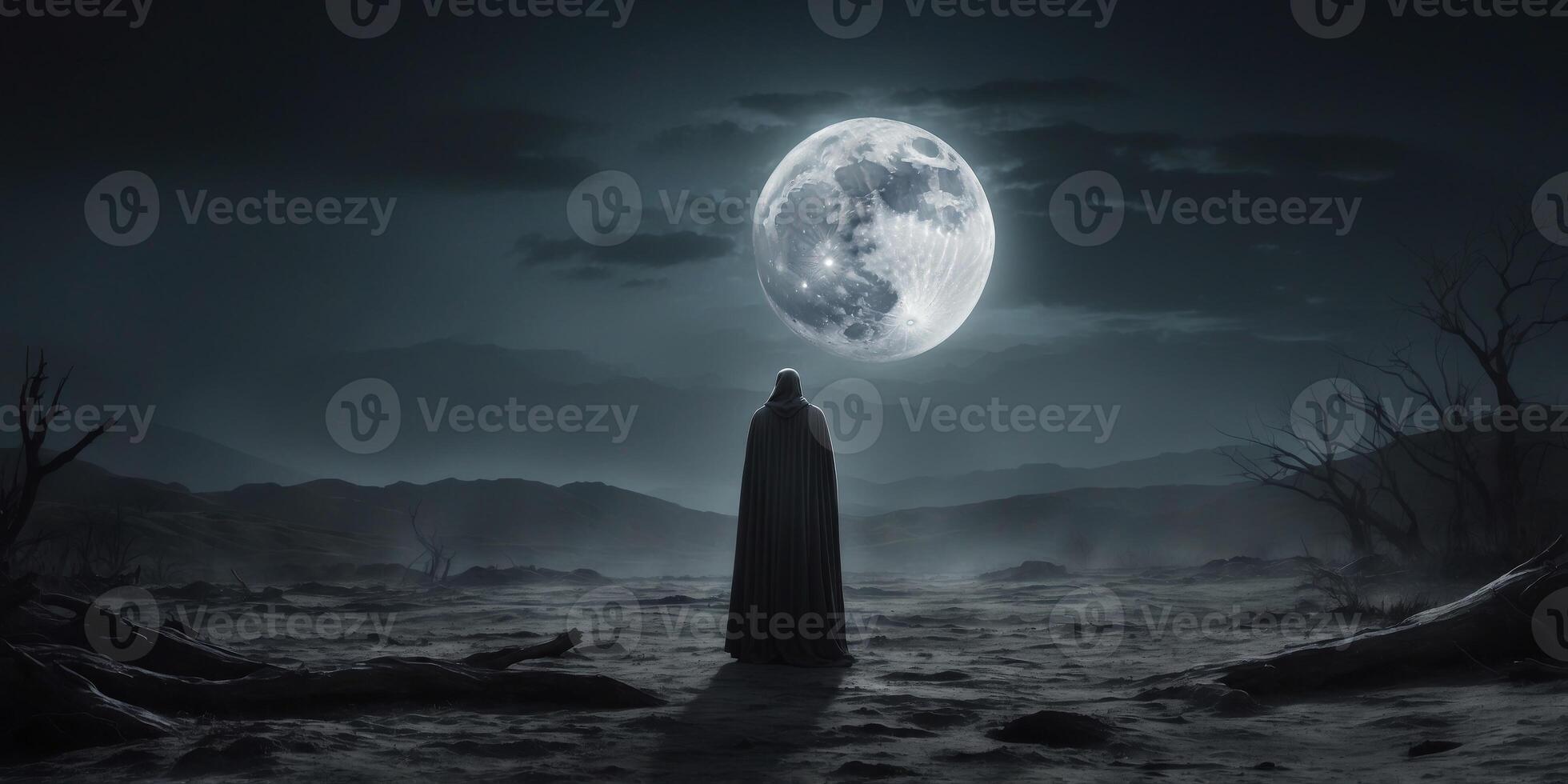 In the shadows of a cimmerian lunar parallel universe, a lone figure stands amidst a desolate landscape, bathed in the eerie light of a distant moon. photo