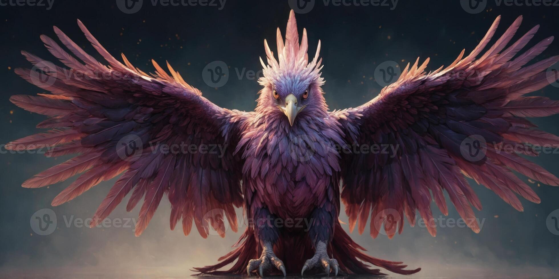 In the center of the still, a mesmerizing alien-esque phoenix with mauve-tinted feathers shines brightly. photo