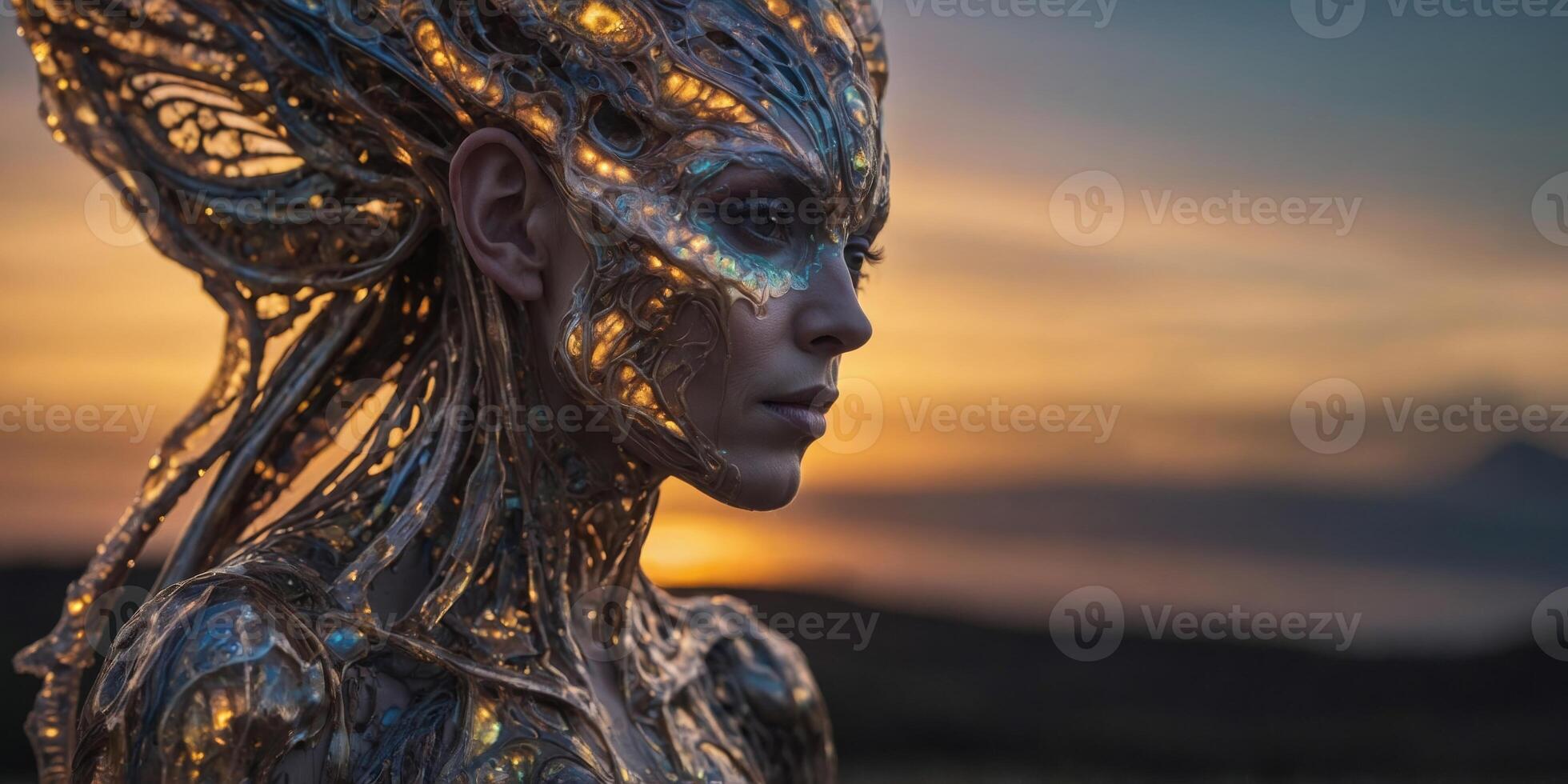 In the golden hour light, a breathtaking alien creature with intricate bioluminescent patterns adorns its sleek, otherworldly form. photo
