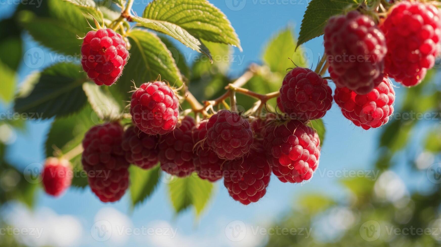 Raspberry fruits growing on bush with sunny blue sky in background. photo