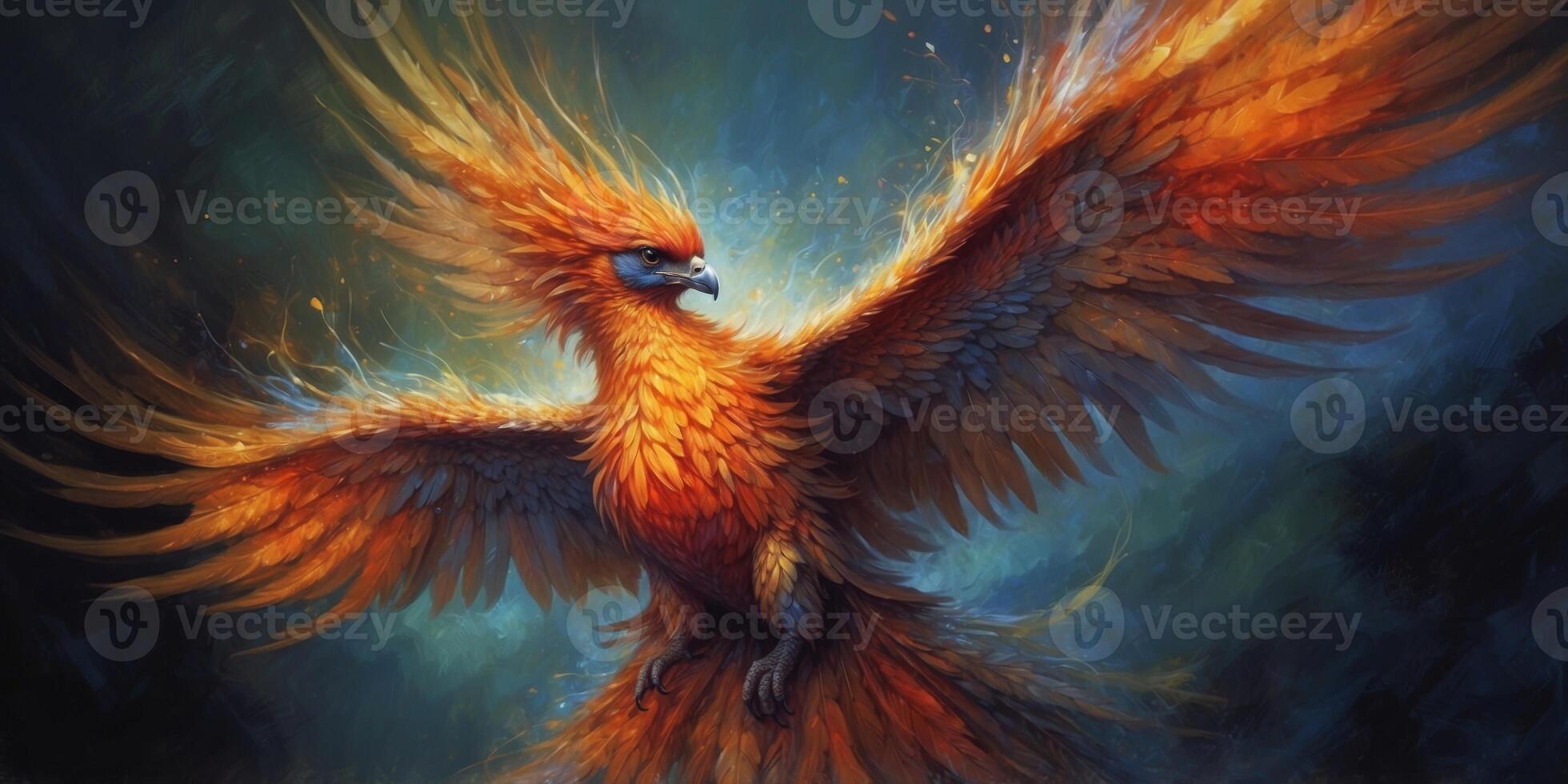 A mesmerizingly vibrant phoenix, its fiery feathers aflame with spectral colors shifting and shimmering in an otherworldly dance. photo