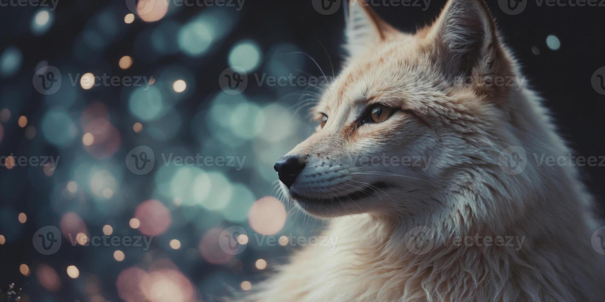 A shimmering astronomic holographic kitsune, its fur a kaleidoscope of shifting colors and patterns that dance and swirl like galaxies in the night sky. photo