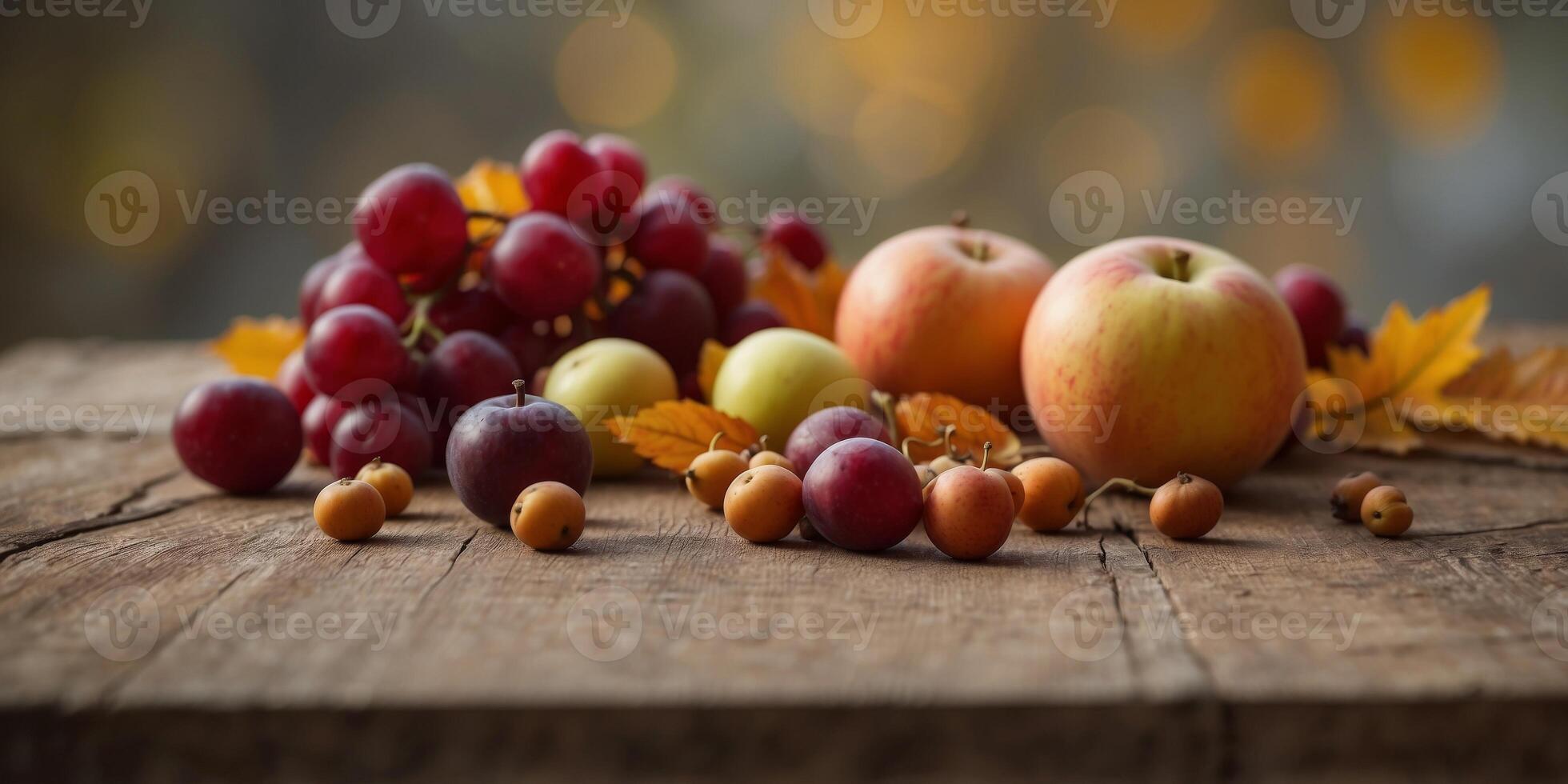 Autumn fruits and leaves on rustic table. photo