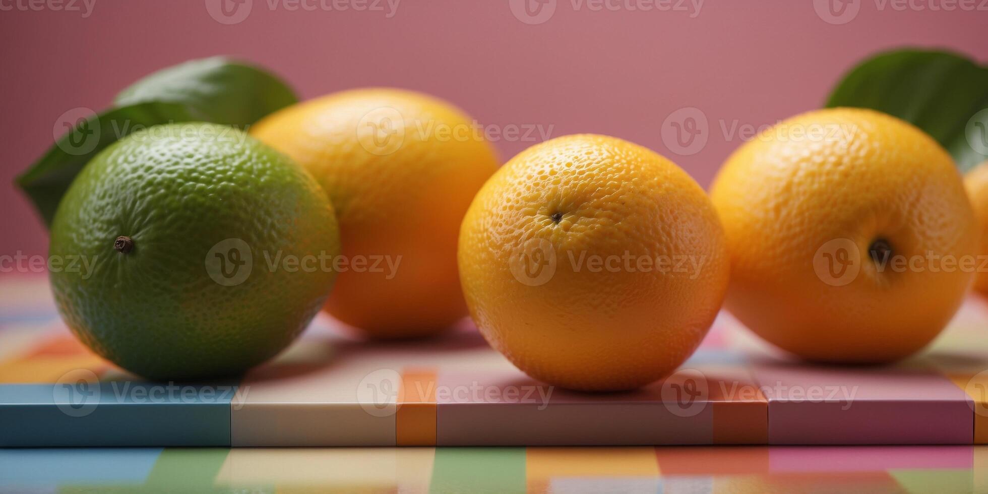 Fresh Citrus Fruits on Colorful Geometric Blocks. photo