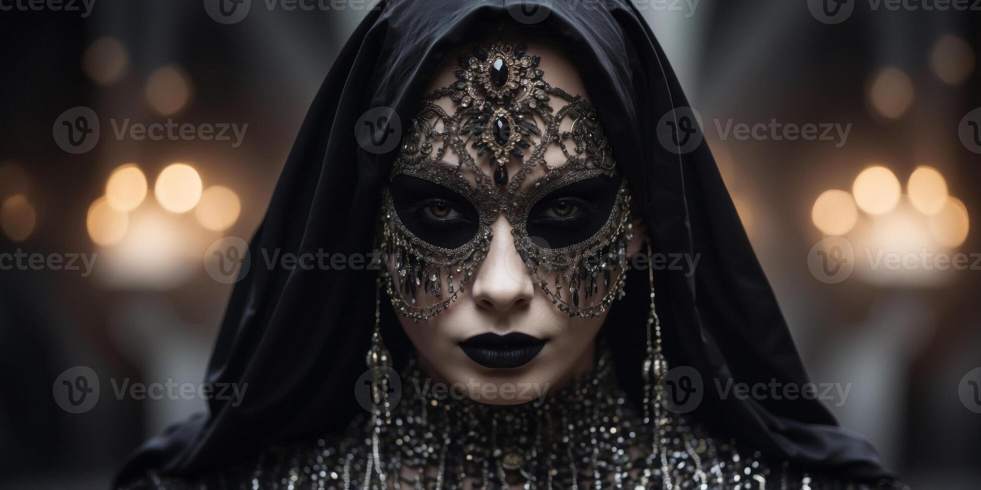 In a darkly romantic blend of glam and goth, a zealous crusader dons flowing, asymmetrical robes fashioned from rich black velvet and glittering silver chains. photo